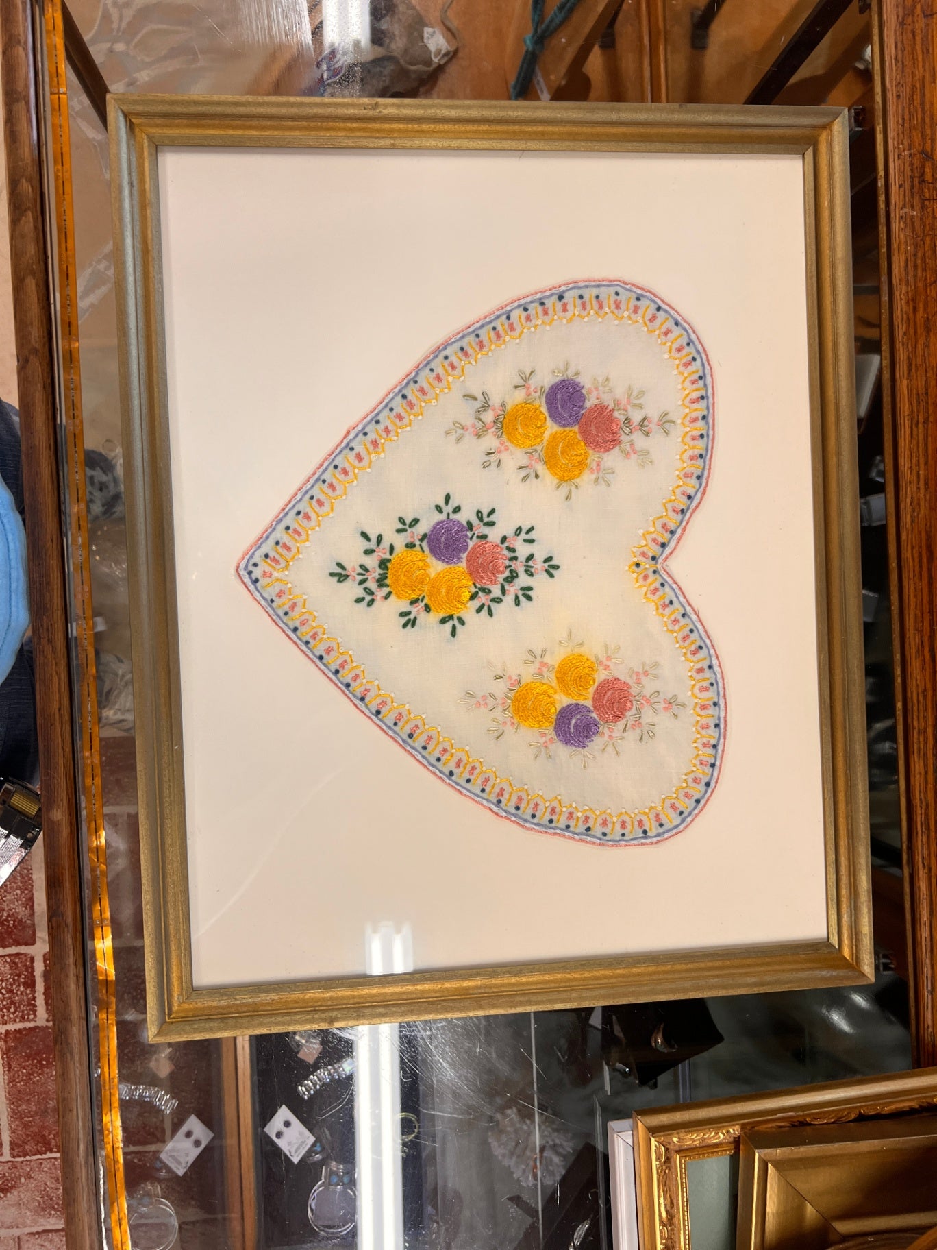 VTG Handmade Floral Embroidery Framed Picture