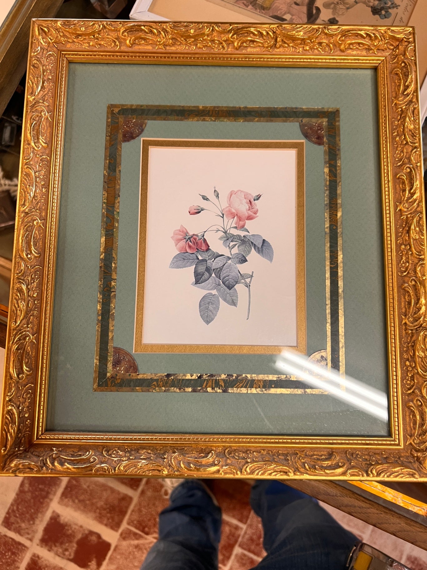 vintage-style framed floral print featuring a bouquet of pink flowers