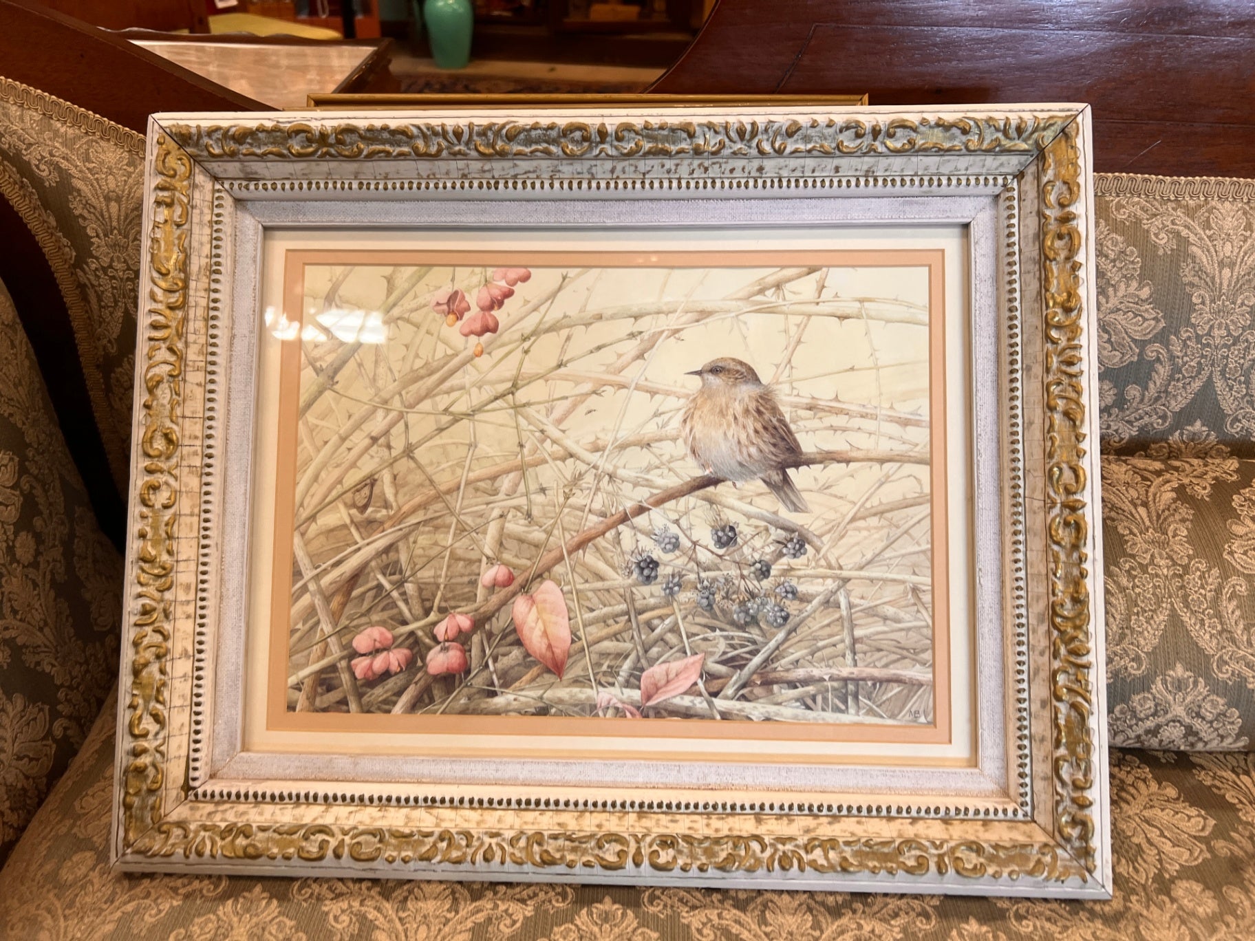 Beige, Pink, Brown Paper, Frame Art Print Bird