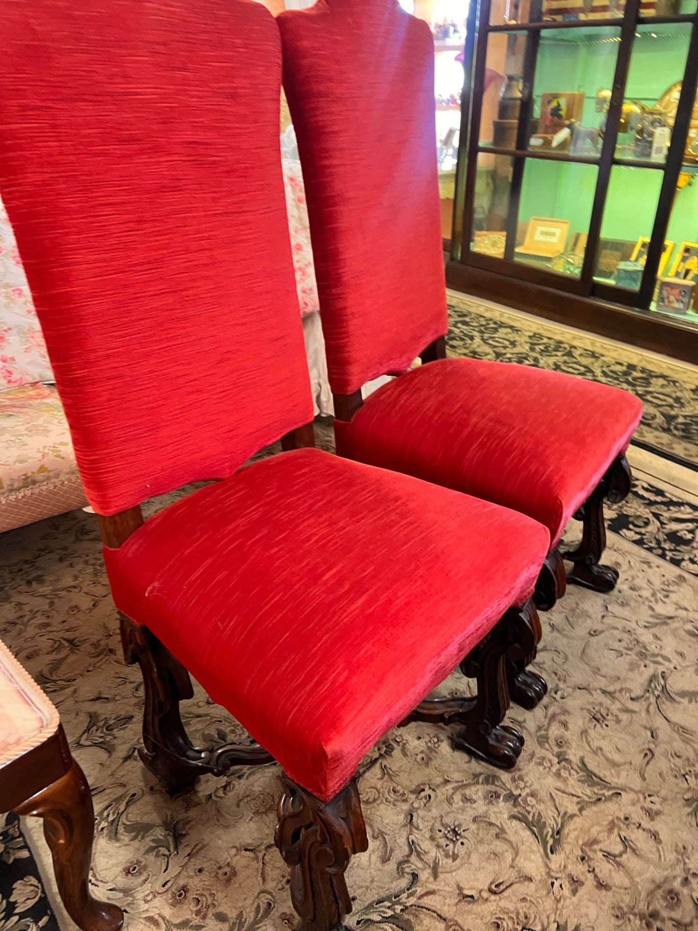 Antique Jacobean Revival Dining Chairs (Pair) – Hand-Carved Solid Wood, Paw Feet, Early 20th Century