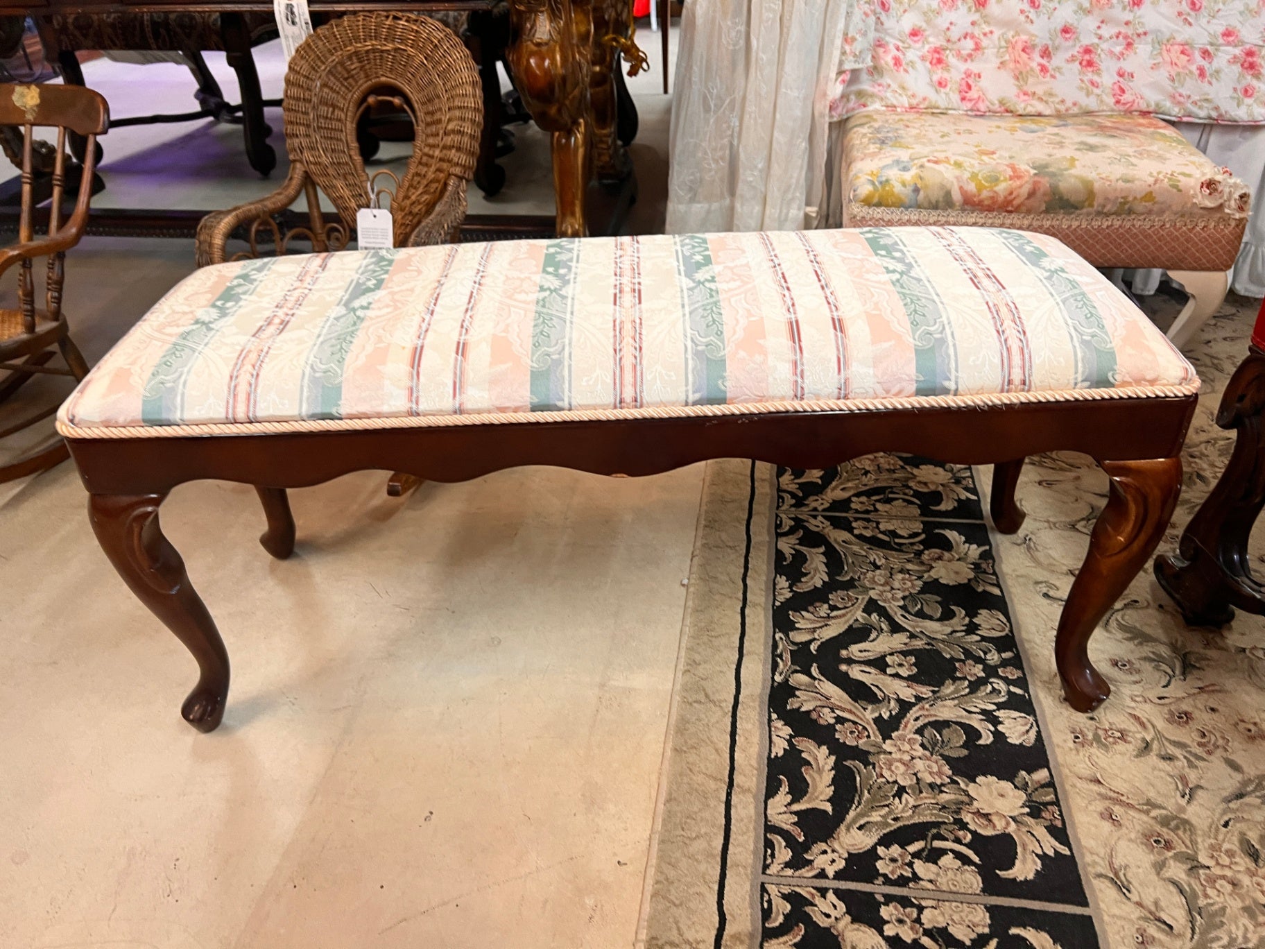 Vintage Bombay Company Upholstered Mahogany Bench