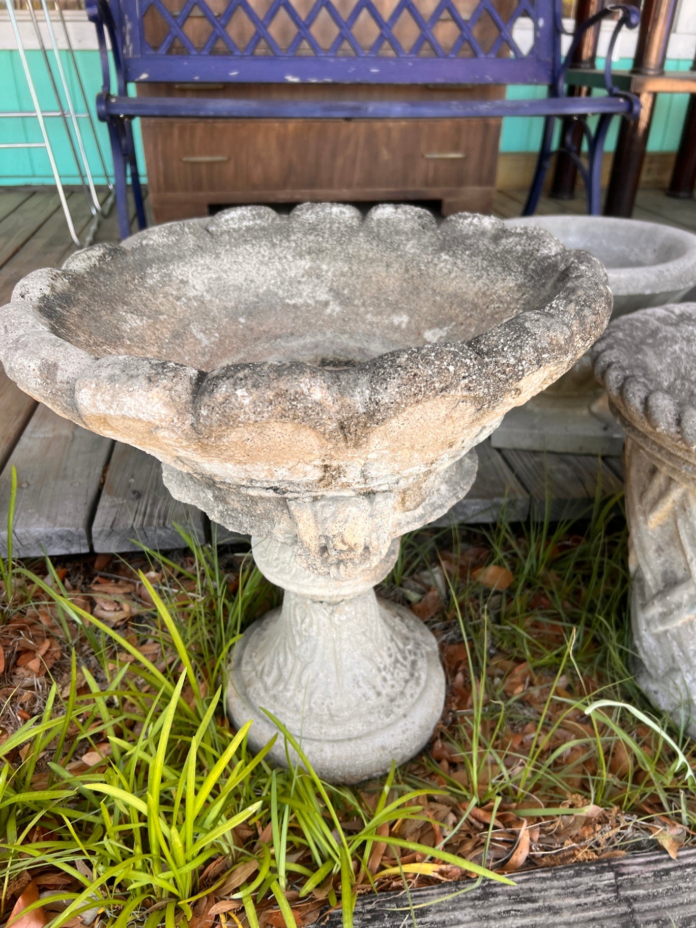Large Pedestal Concrete Scalloped Top Planter
