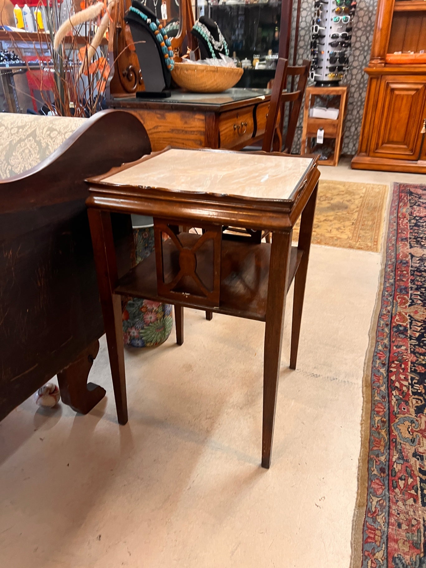 RARE Find! Beautiful Mid-Century Modern Handcrafted Two Tier Mahogany End Table with Gorgeous Hand Carved Fretwork & Beautiful Wood Grain Marble Top