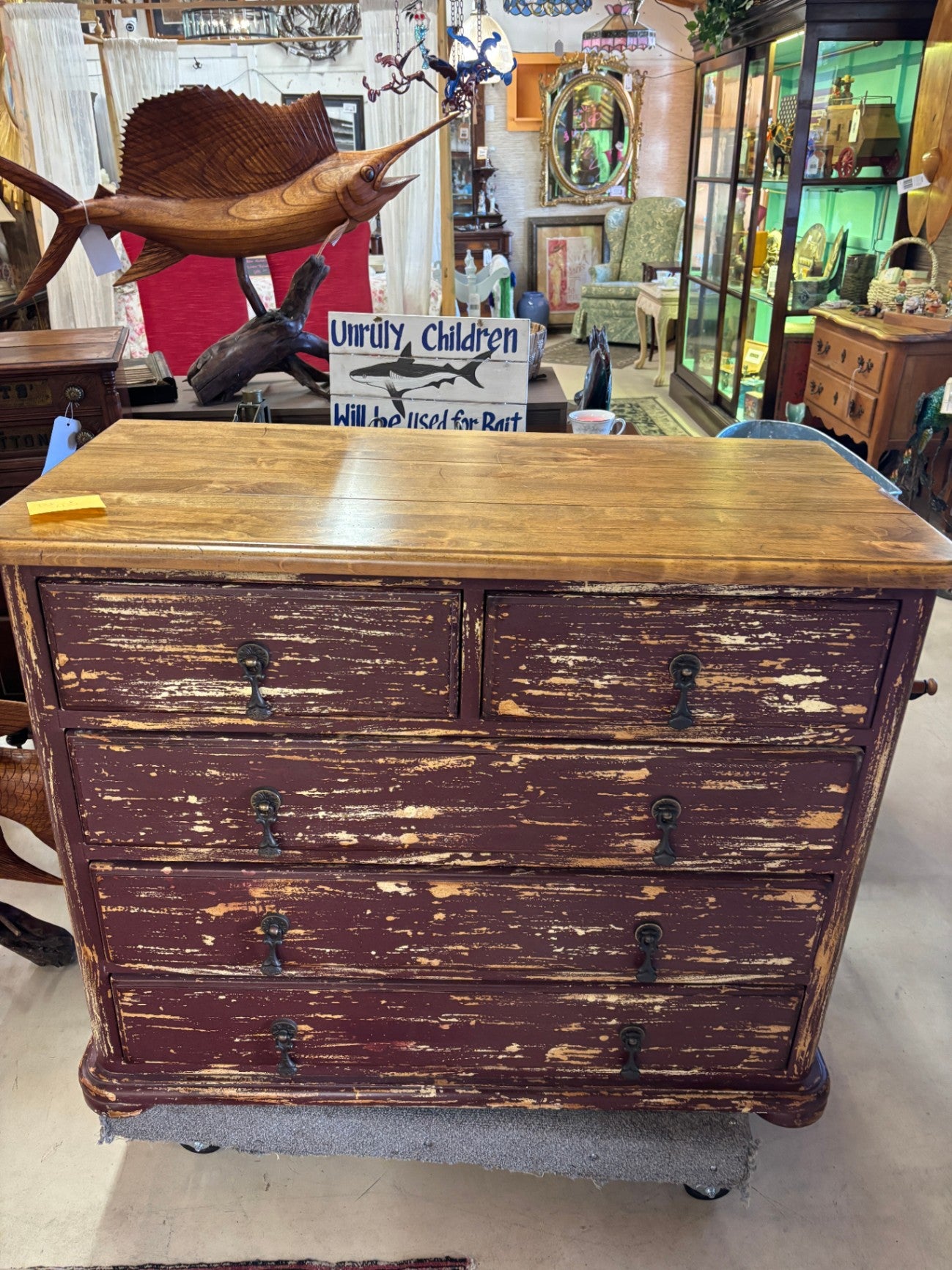 Distressed, rustic finish dresser