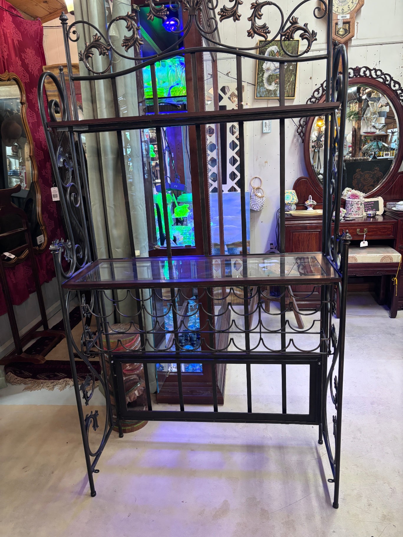 Wrought Iron bakers rack with wine storage