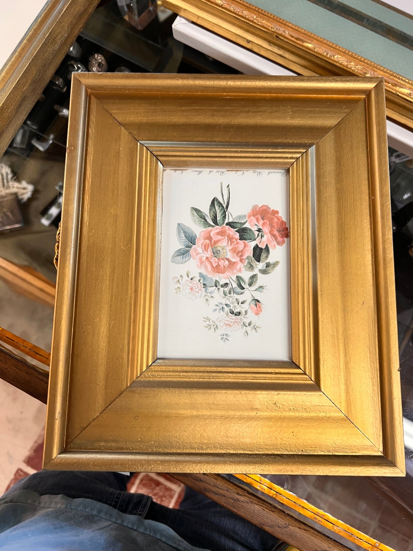 vintage-style framed floral print featuring a bouquet of pink flowers