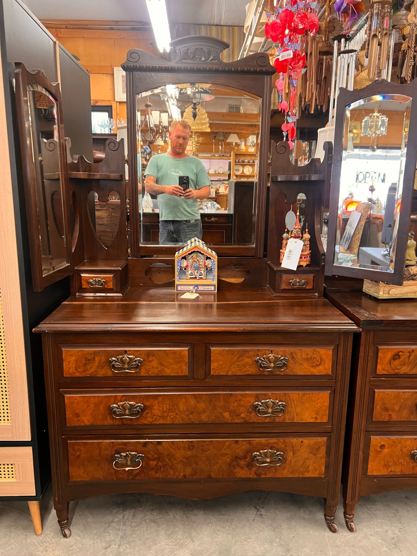 Antique Victorian Walnut Vanity Dresser with Mirror Burl Drawer Fronts Carved Crest & Side Cabinets