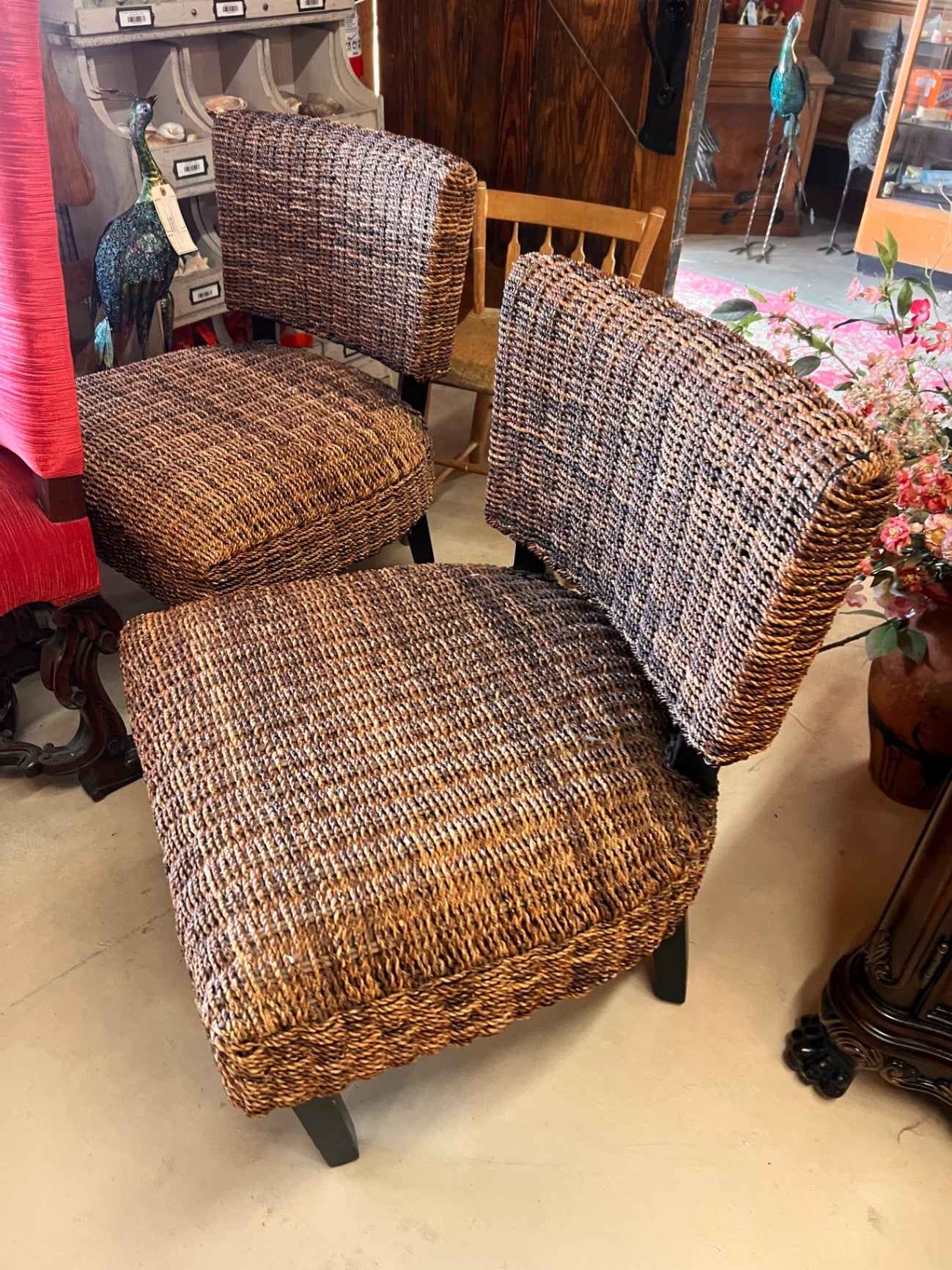 Pair of Elvis Style Woven Seagrass Lounge Chairs Low Profile Accent Chairs Natural Fiber