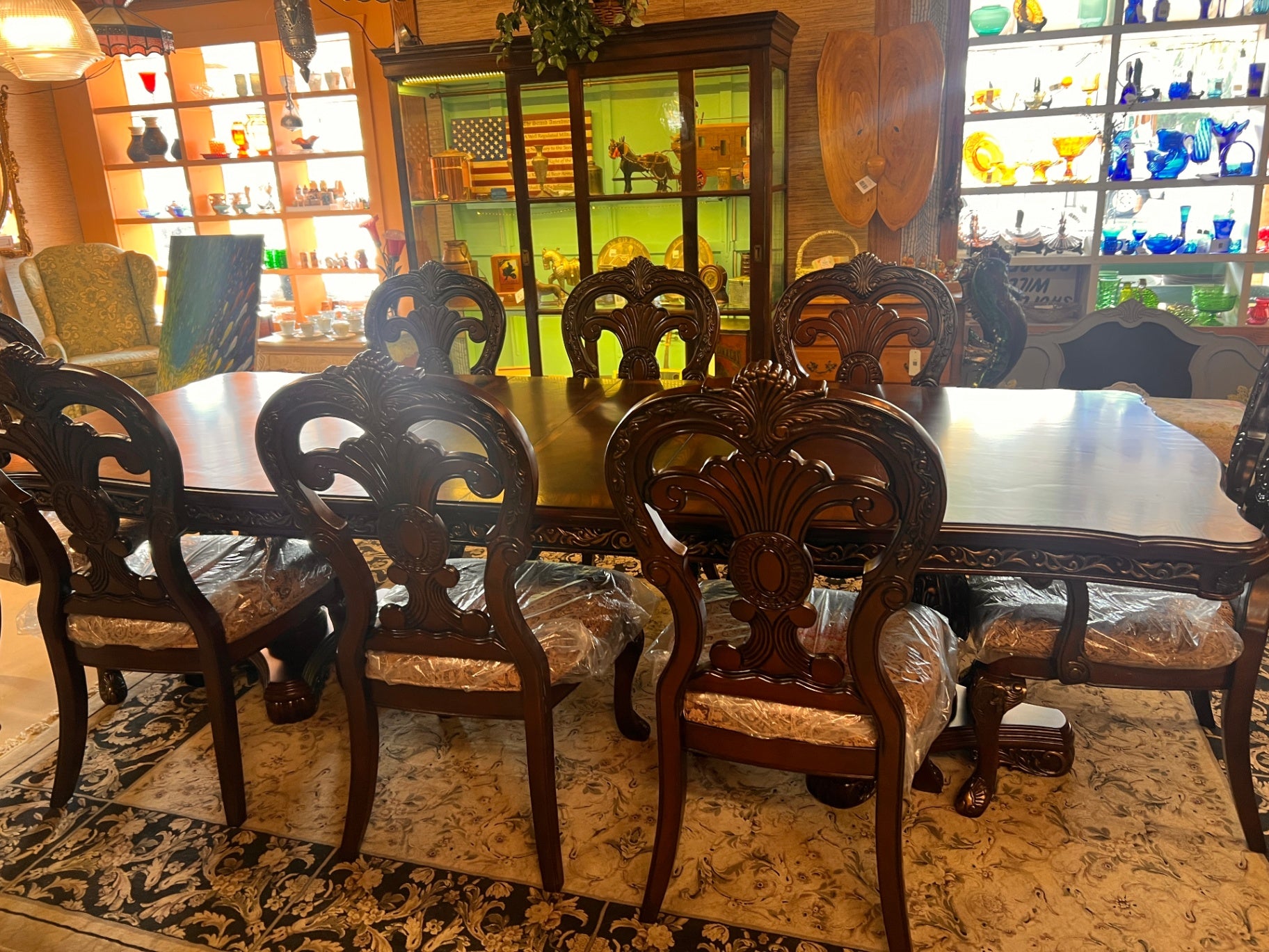 Traditional Carved Wood Dining Table with 8 Chairs Ornate Scroll Back Upholstered Seats Formal Dining Set