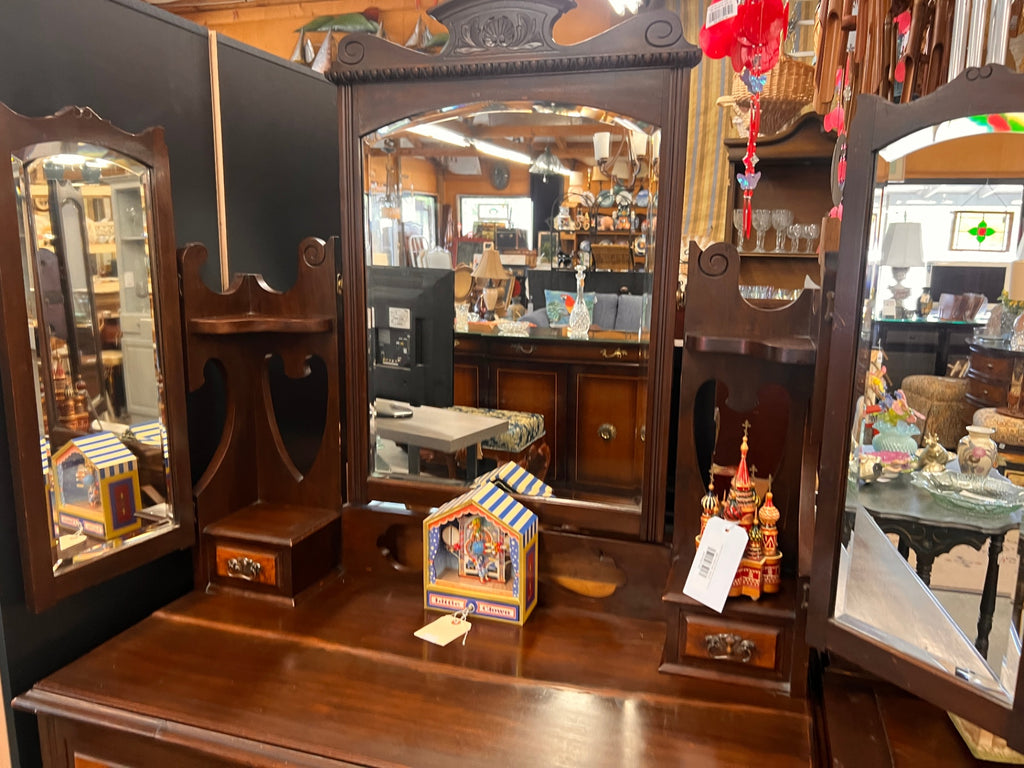 Antique Victorian Walnut Vanity Dresser with Mirror Burl Drawer Fronts Carved Crest & Side Cabinets