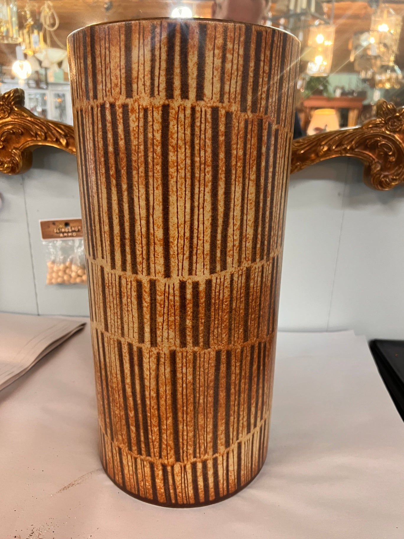 Horchow Italian Ceramic Floor Vase Umbrella Stand Brown Drip Glaze Mid Century Modern Stripe Pattern