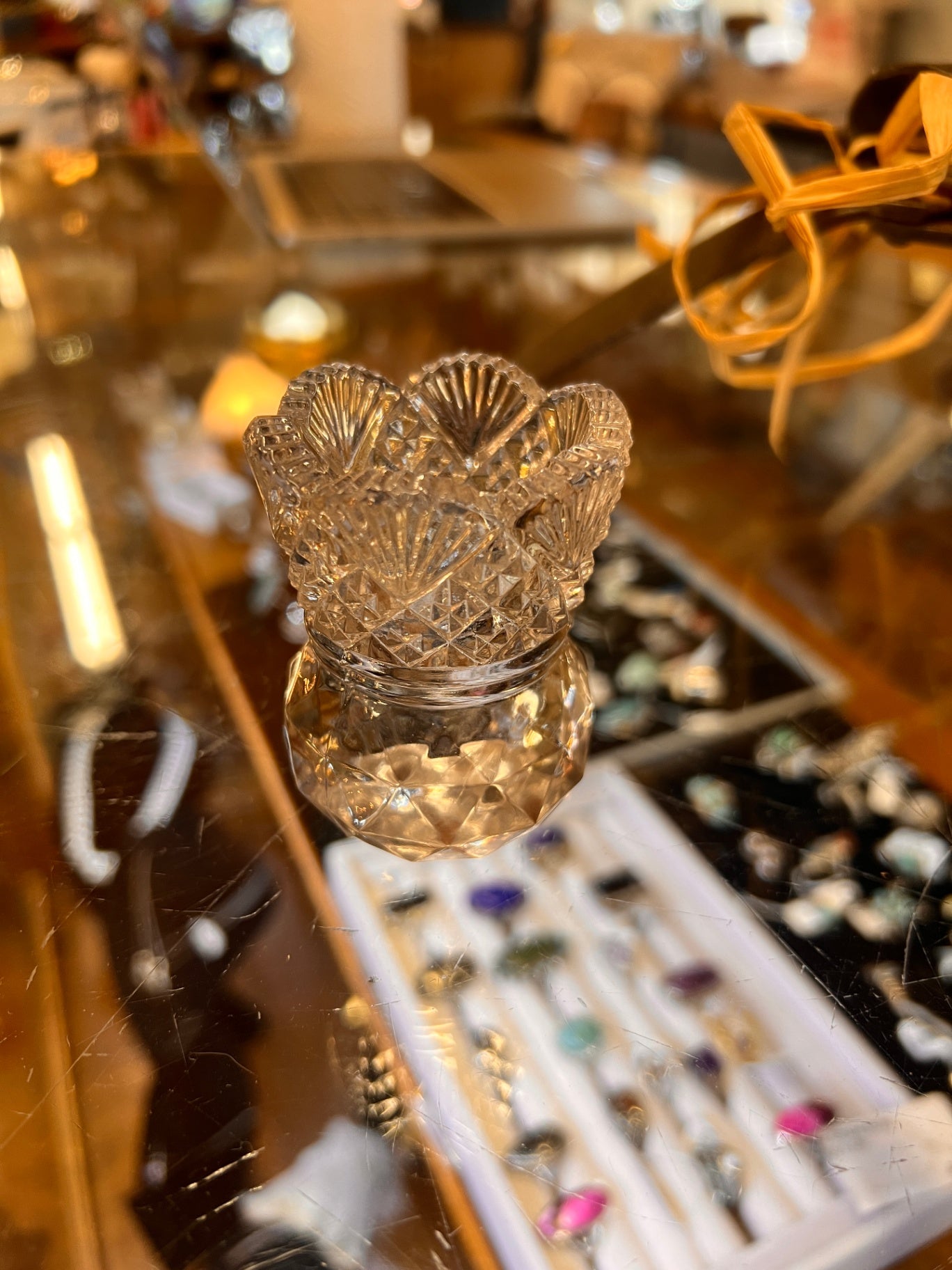 Westmoreland glass toothpick holder features a diamond and fan pattern with a scalloped sawtooth rim