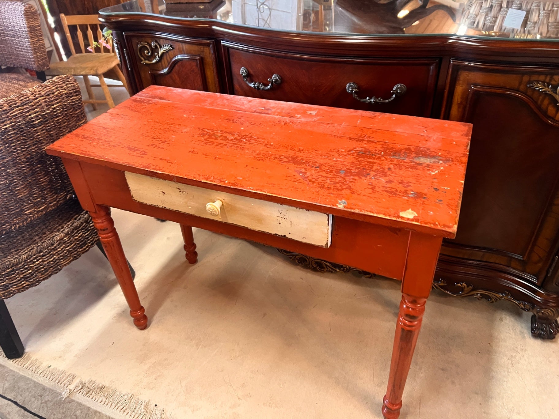 Primitive Red Painted Farm Table Console Single Drawer Turned Legs Distressed Finish