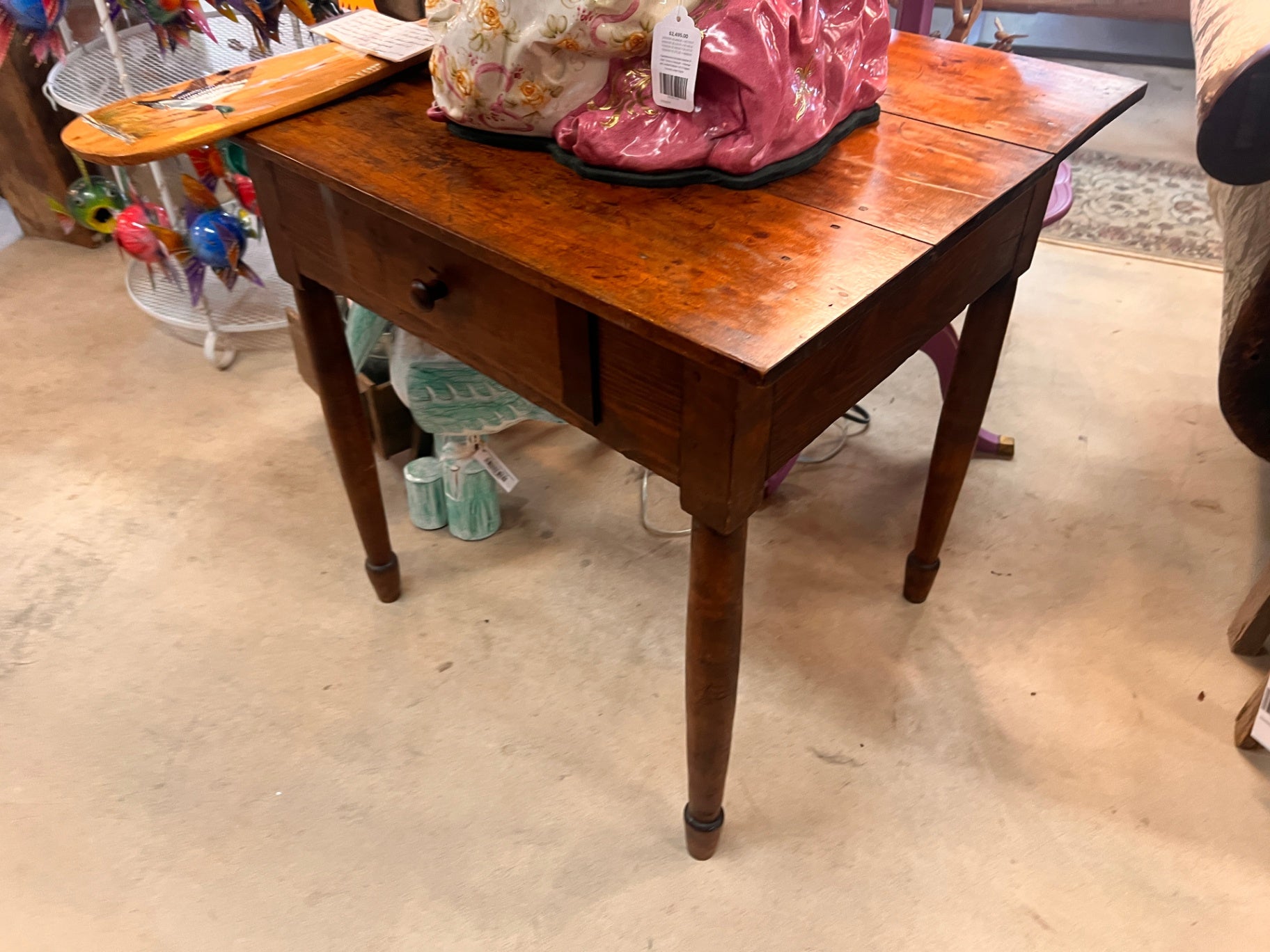 Antique Primitive Square Table Solid Wood Single Drawer Turned Legs Early Farmhouse Work Table