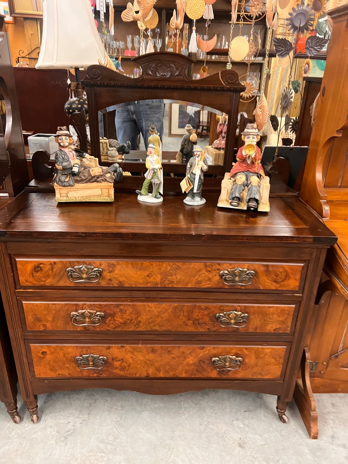 Early 20th Century Walnut Burl Dresser Vanity Base Chest Serpentine Front Brass Pulls on Casters