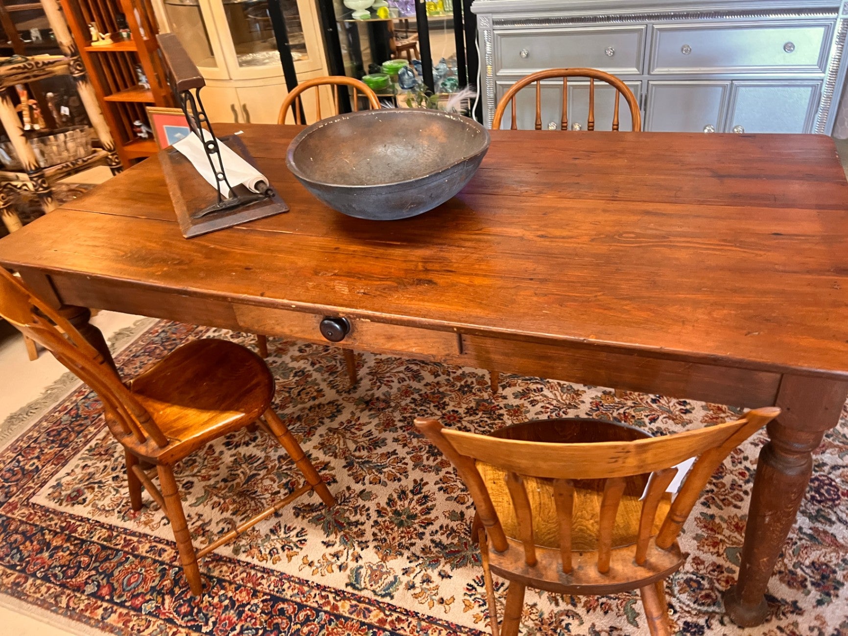 Antique Farmhouse Harvest Table Solid Wood Plank Top Single Drawer Turned Legs Early American