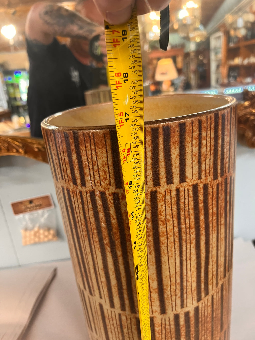 Horchow Italian Ceramic Floor Vase Umbrella Stand Brown Drip Glaze Mid Century Modern Stripe Pattern