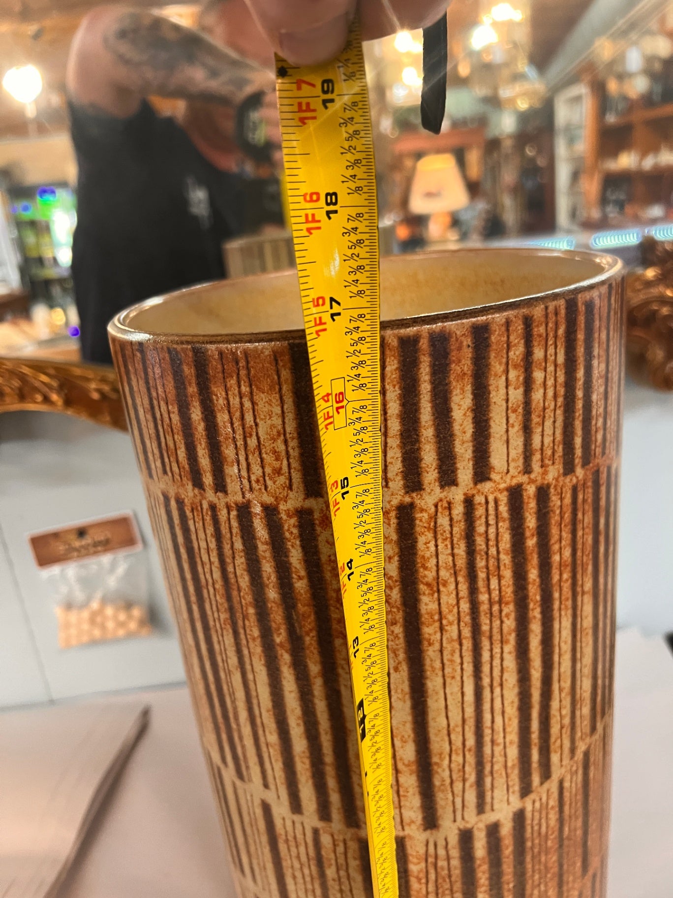Horchow Italian Ceramic Floor Vase Umbrella Stand Brown Drip Glaze Mid Century Modern Stripe Pattern