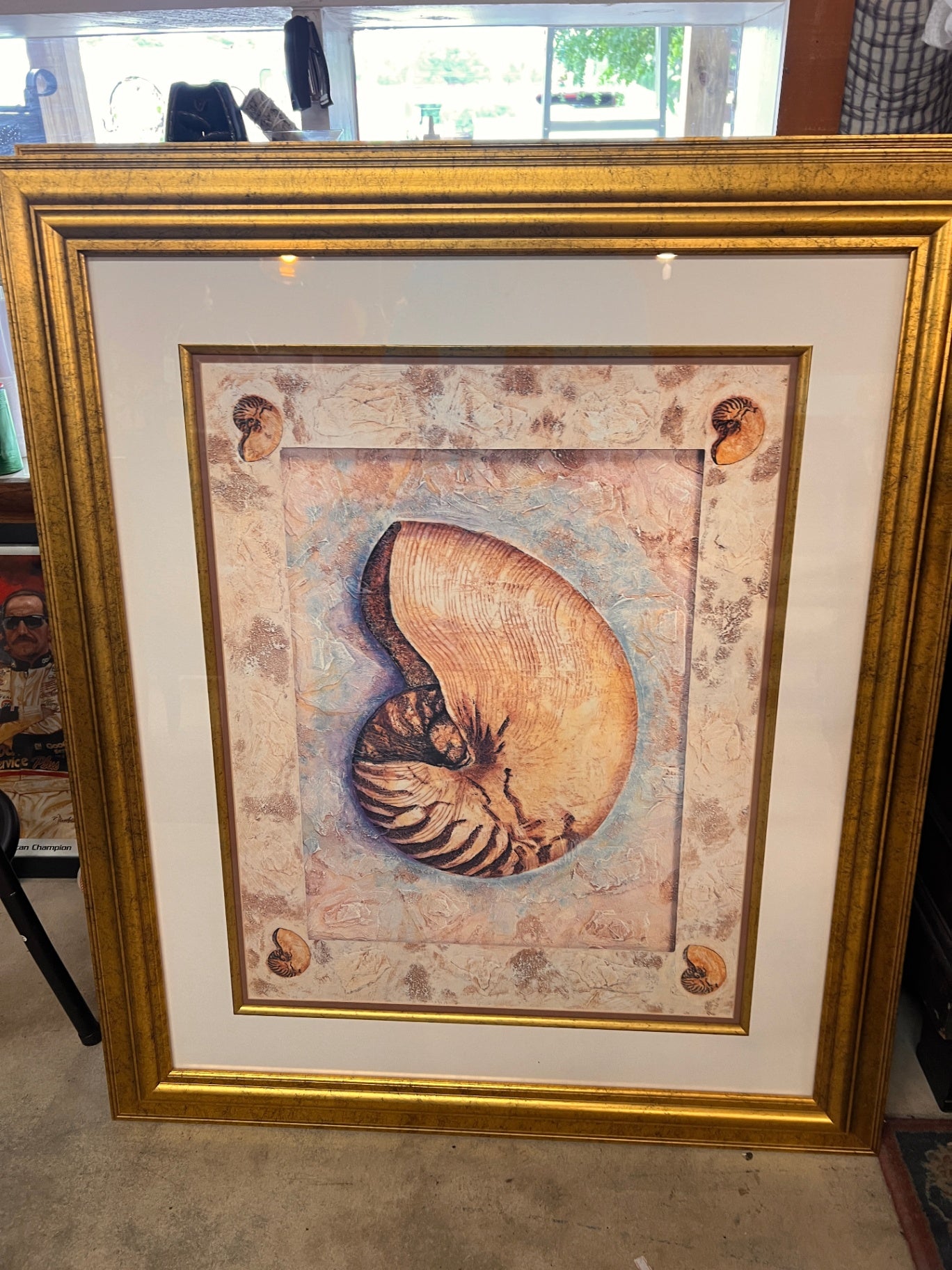 Large Framed Nautilus Shell Textured Wall Art – Dimensional Coastal Beach Decor in Gold Frame 41.5" x 35.5"