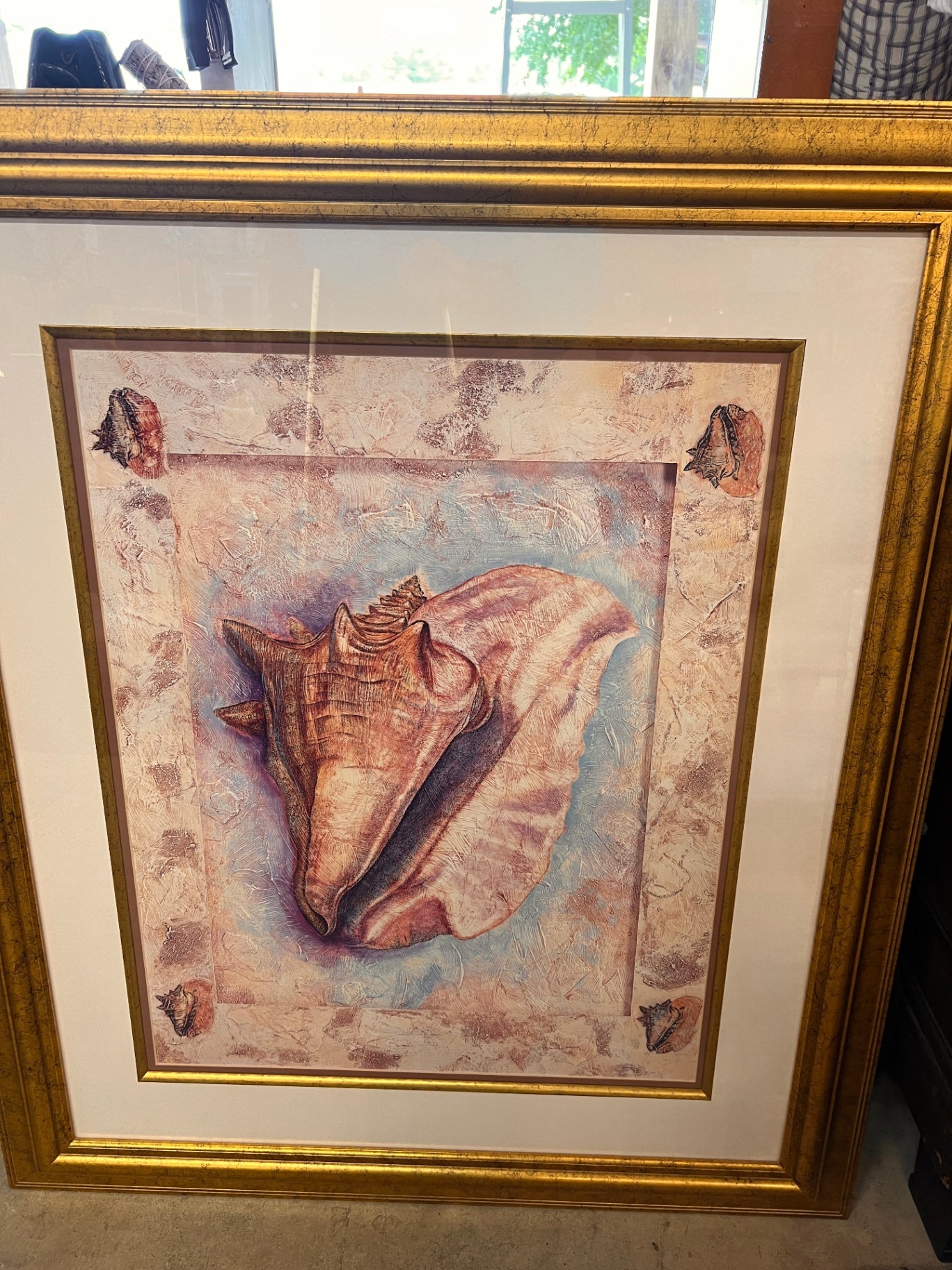 Large Framed Coastal Conch Shell Textured Wall Art – Dimensional Beach Decor in Gold Frame 41.5" x 35.5"