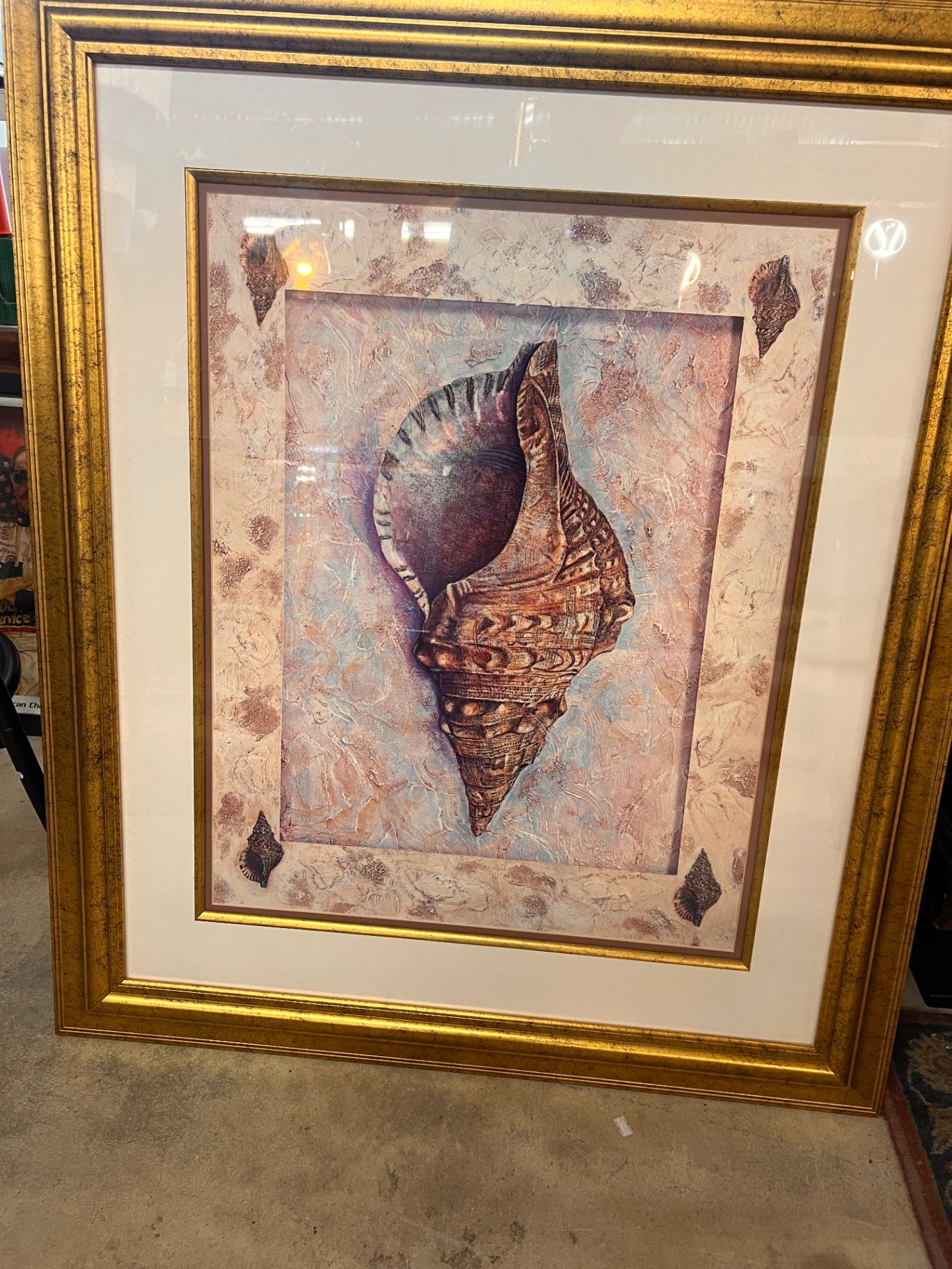 Large Framed Coastal Conch Shell Textured Wall Art – Dimensional Mixed Media Beach Decor 41.5" x 35.5"