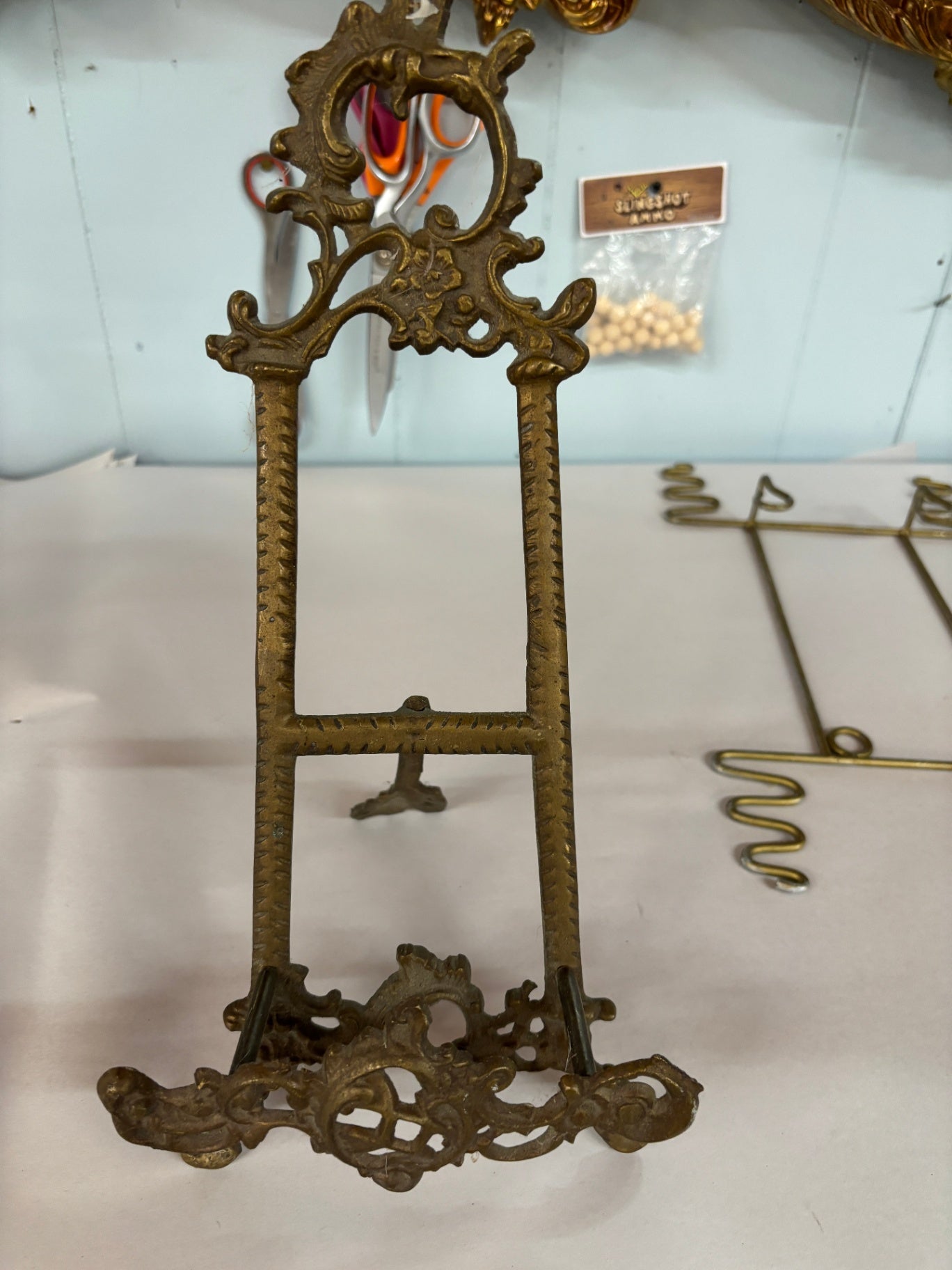 Ornate Antique Brass Tabletop Display Easel,