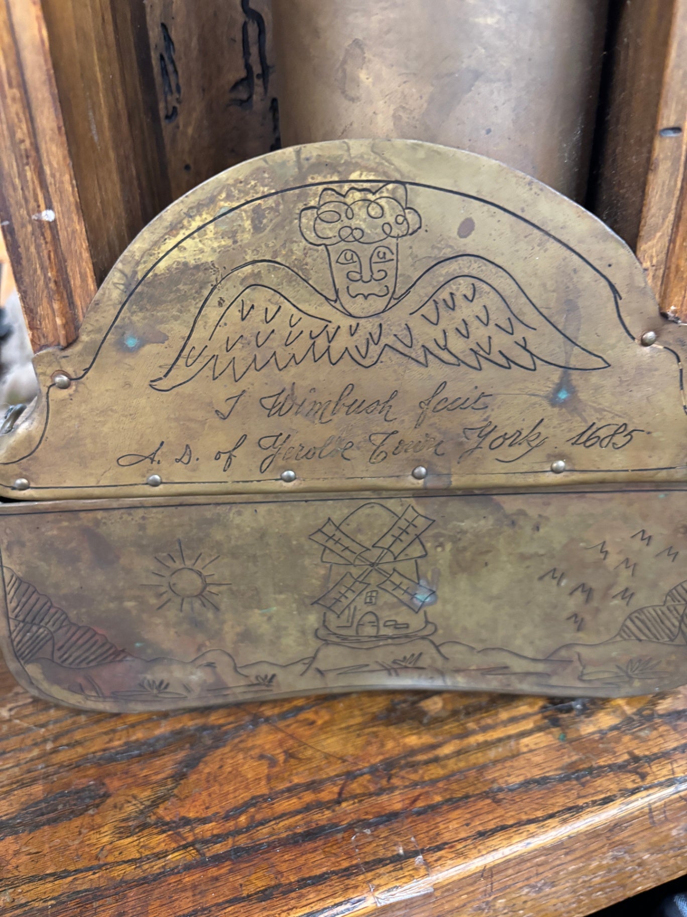 Antique Brass And Wood Water Clock   "I Wimbush fecit A.D. Yerolde Town York 1685,"