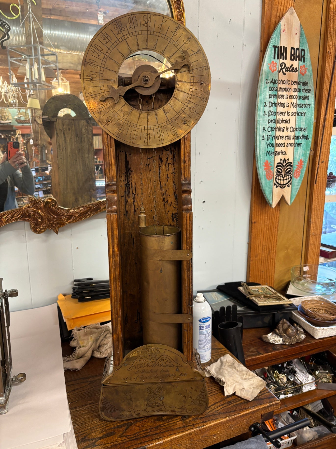 Antique Brass And Wood Water Clock   "I Wimbush fecit A.D. Yerolde Town York 1685,"