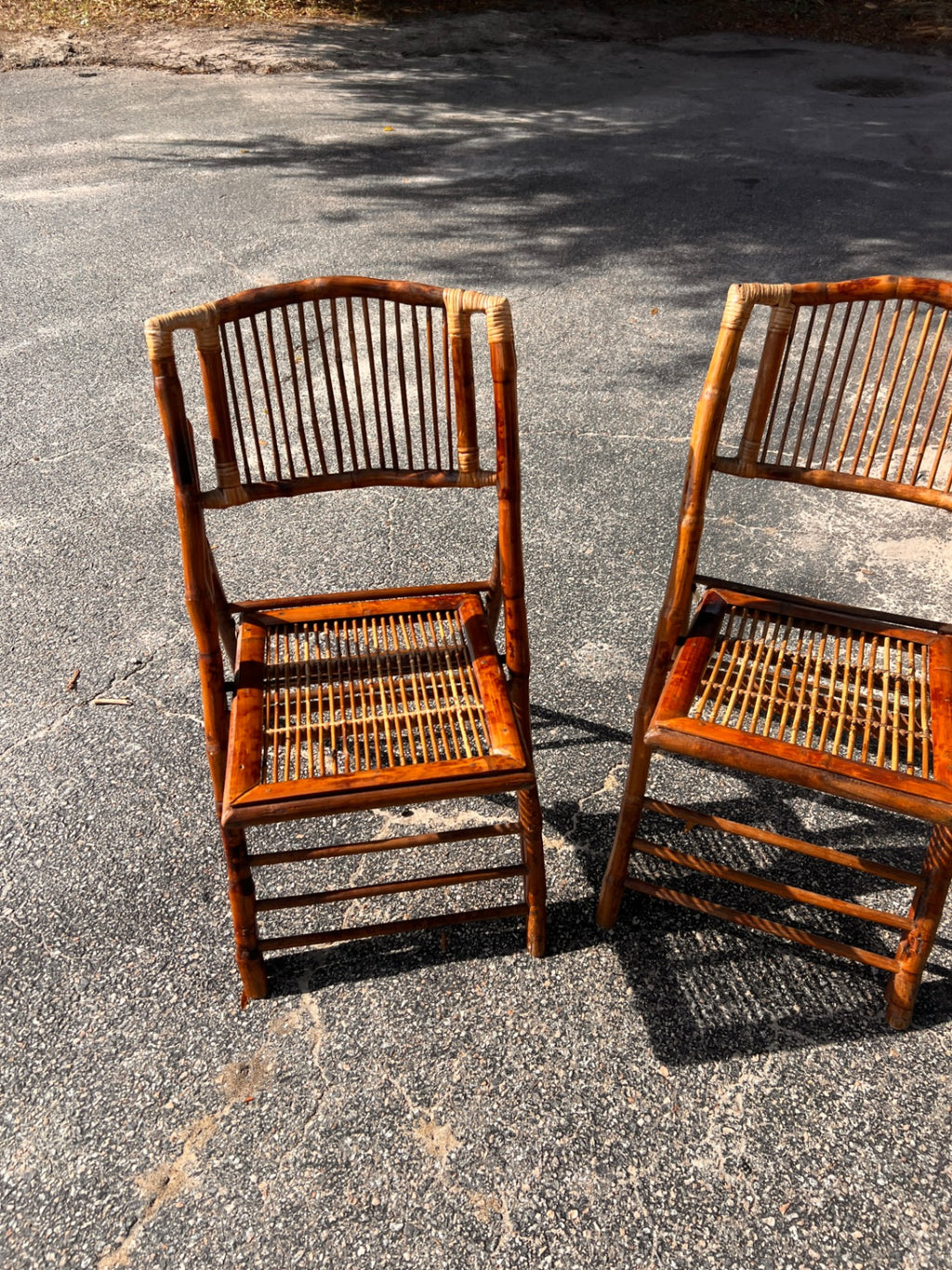 Tortoise Shell Bamboo Folding Chairs - a Pair