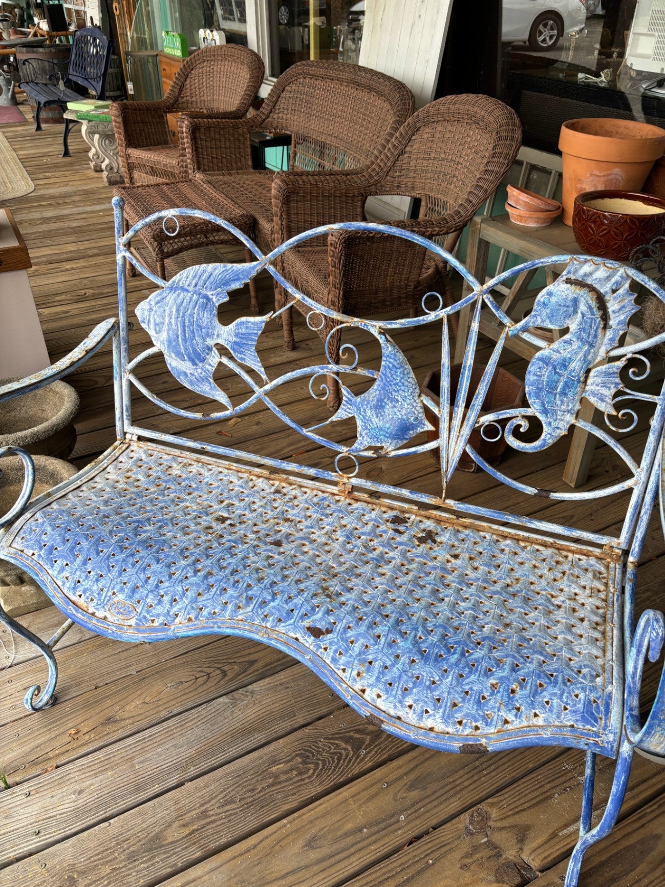 Weathered Blue Fish Coastal Outdoor Bench