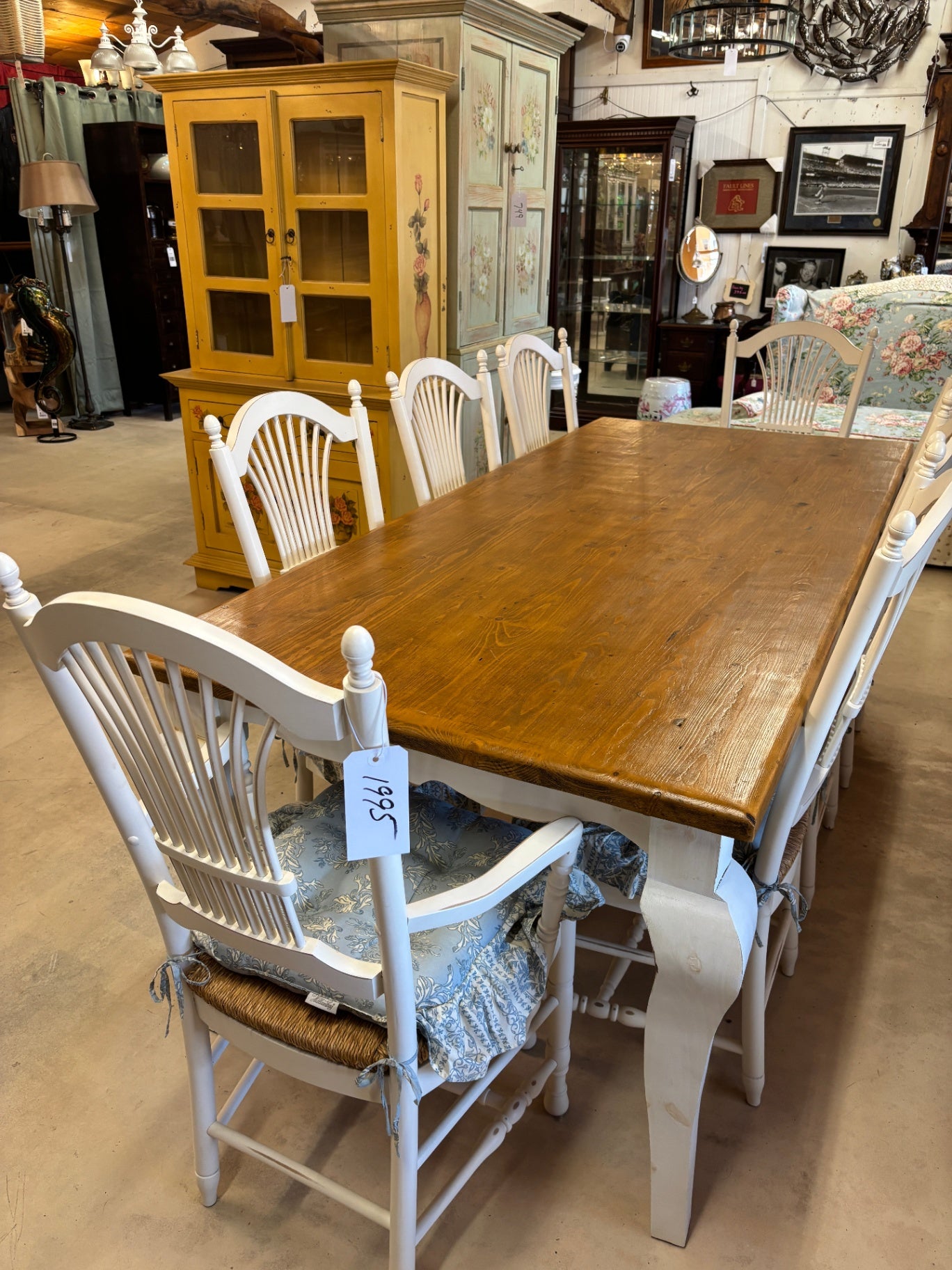 Rustic Farmhouse Dining Set with a Natural Wood Top and White Painted chairs