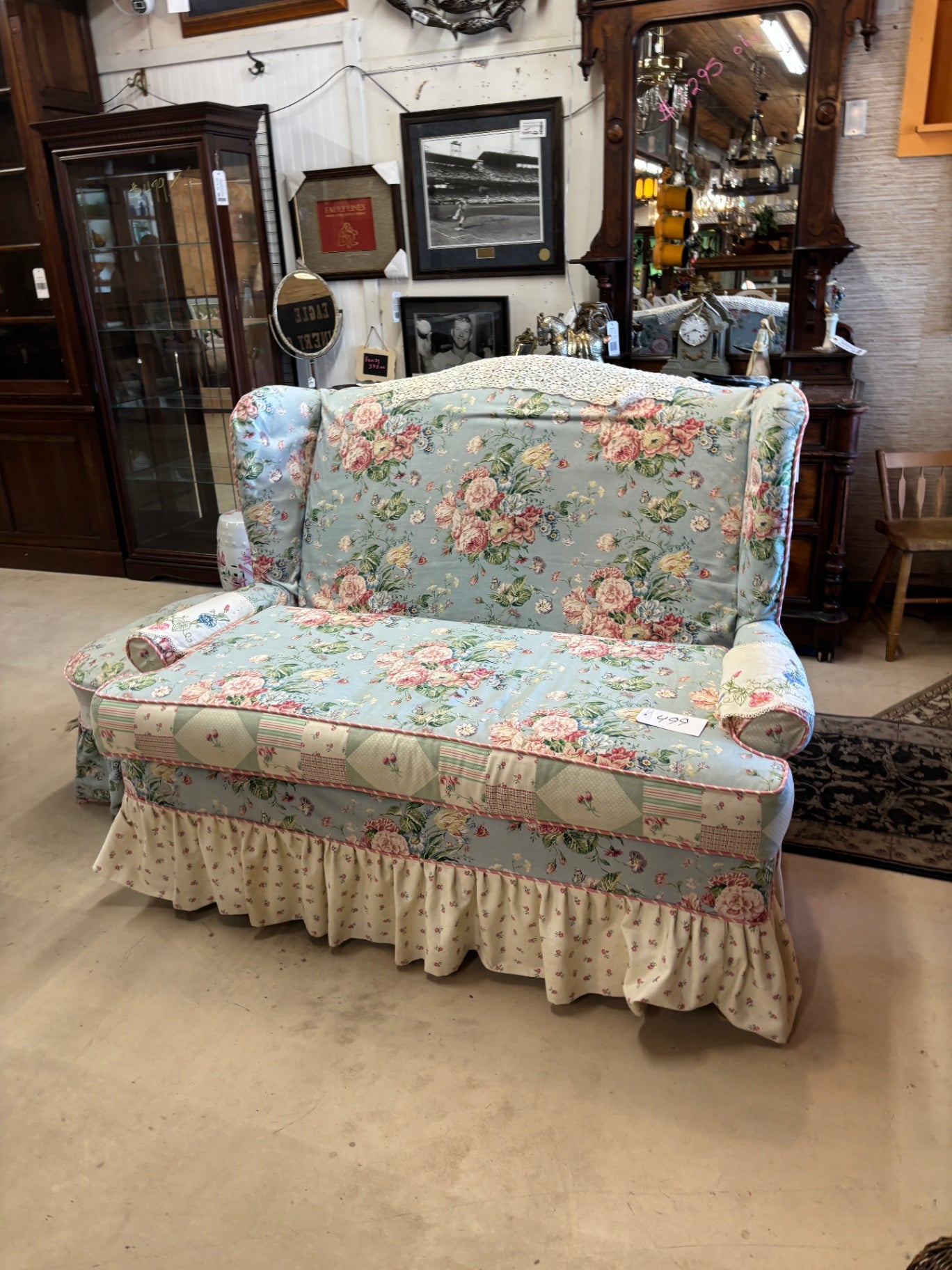 Vintage Floral Chintz 2-Seat Loveseat with a Ruffled Skirt.