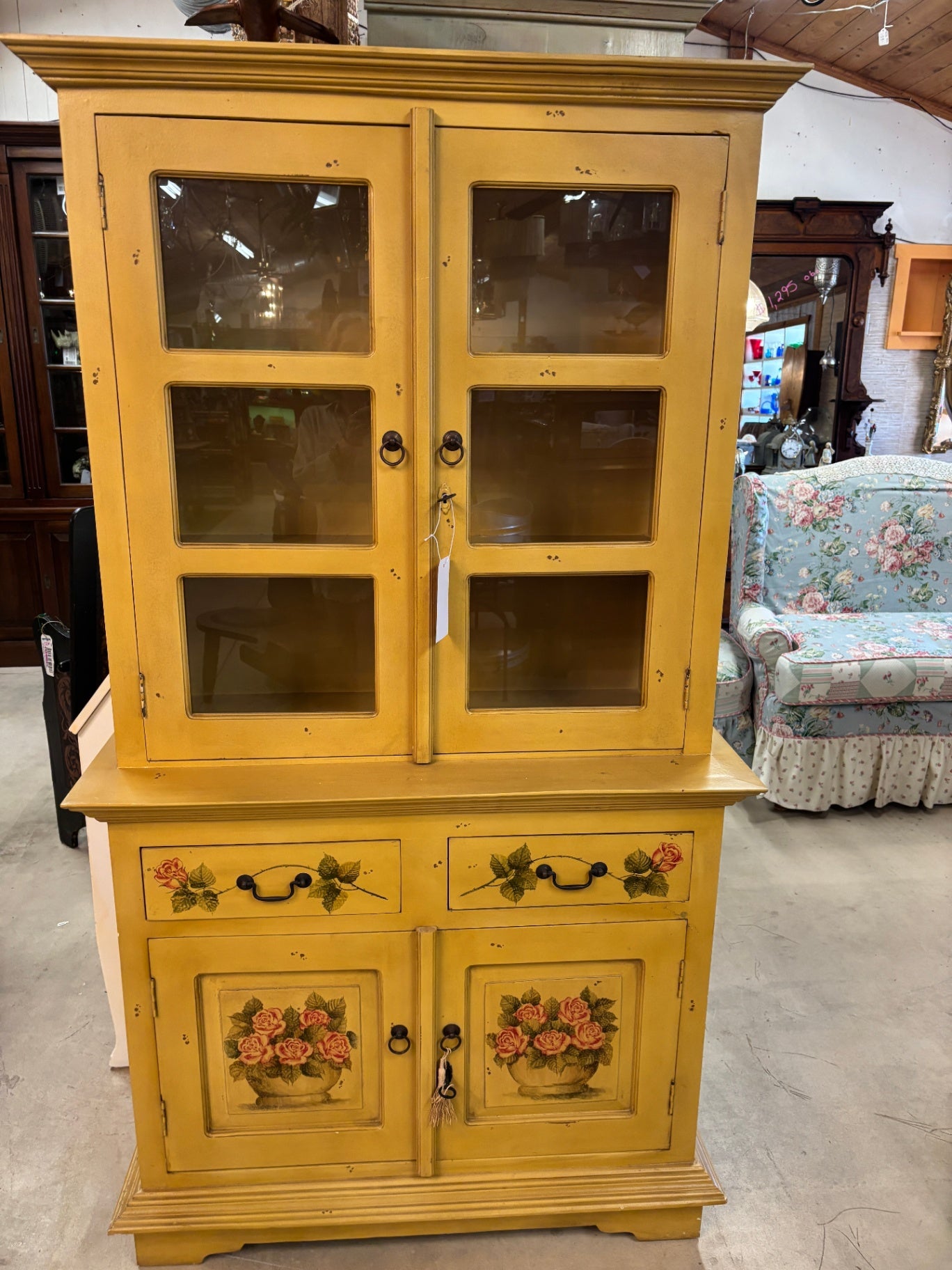 Vintage Yellow Painted American Country Stepback Cupboard