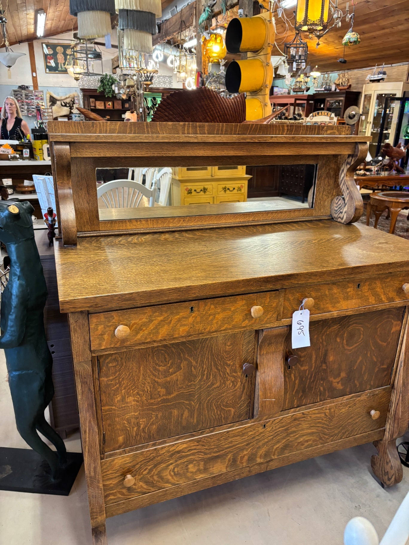  American Tiger Oak Sideboard Buffet Featuring a Beveled Mirror