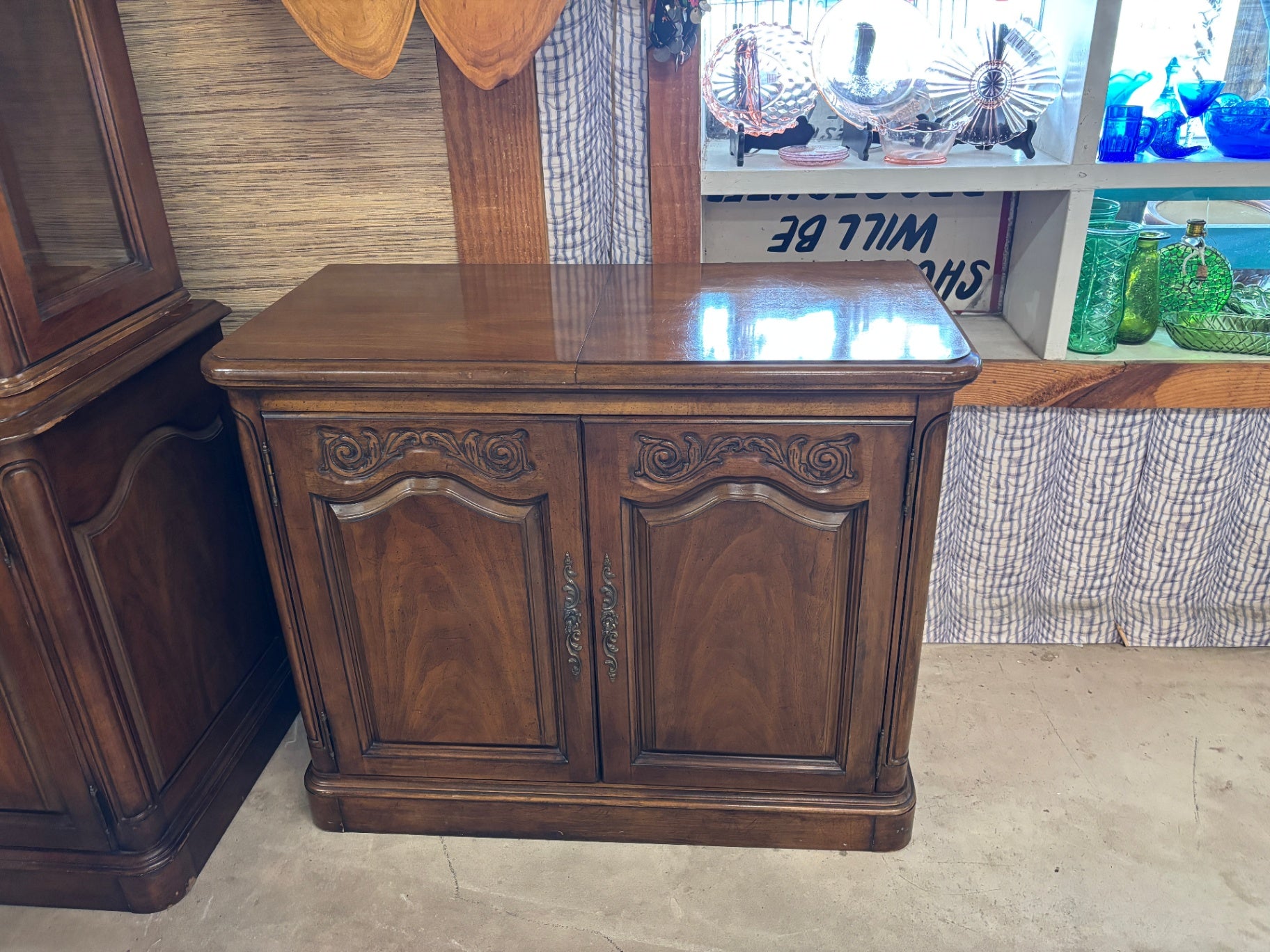 Vintage French Provincial Style Walnut Dining Room Set with 8 Upholstered Chairs, China Cabinet, Sideboard & 110” Table