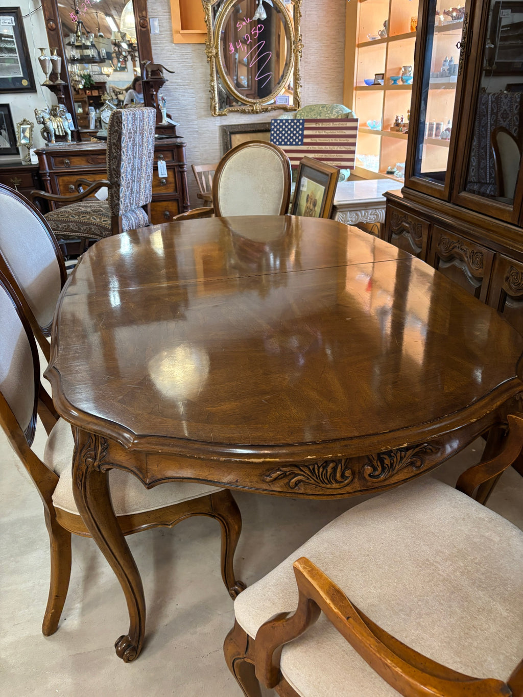 Vintage French Provincial Style Walnut Dining Room Set with 8 Upholstered Chairs, China Cabinet, Sideboard & 110” Table