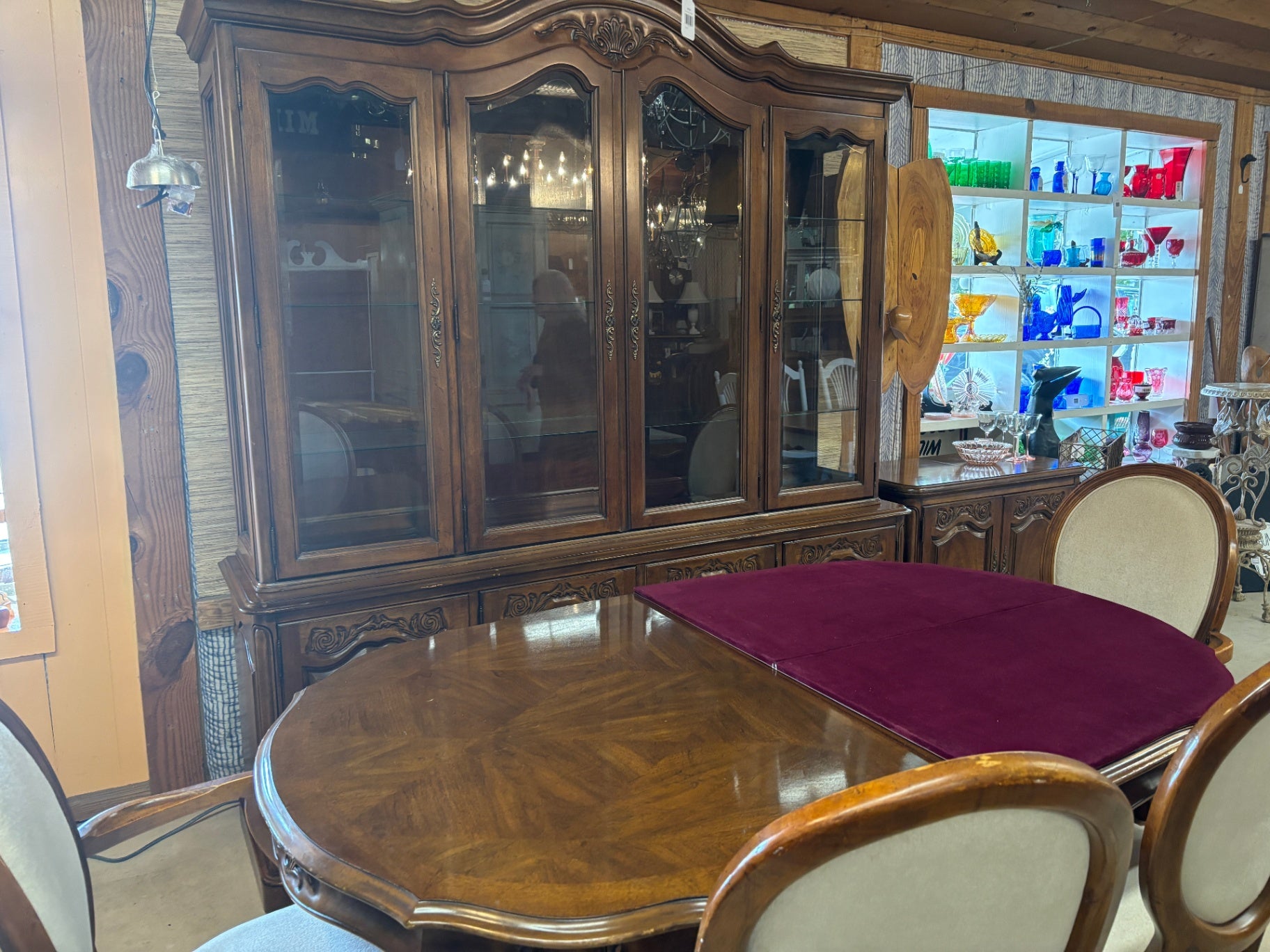 Vintage French Provincial Style Walnut Dining Room Set with 8 Upholstered Chairs, China Cabinet, Sideboard & 110” Table