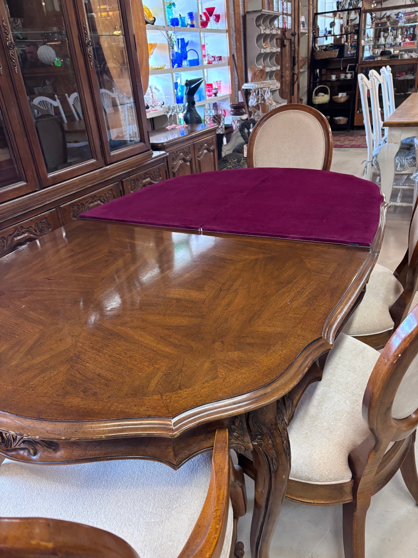 Vintage French Provincial Style Walnut Dining Room Set with 8 Upholstered Chairs, China Cabinet, Sideboard & 110” Table