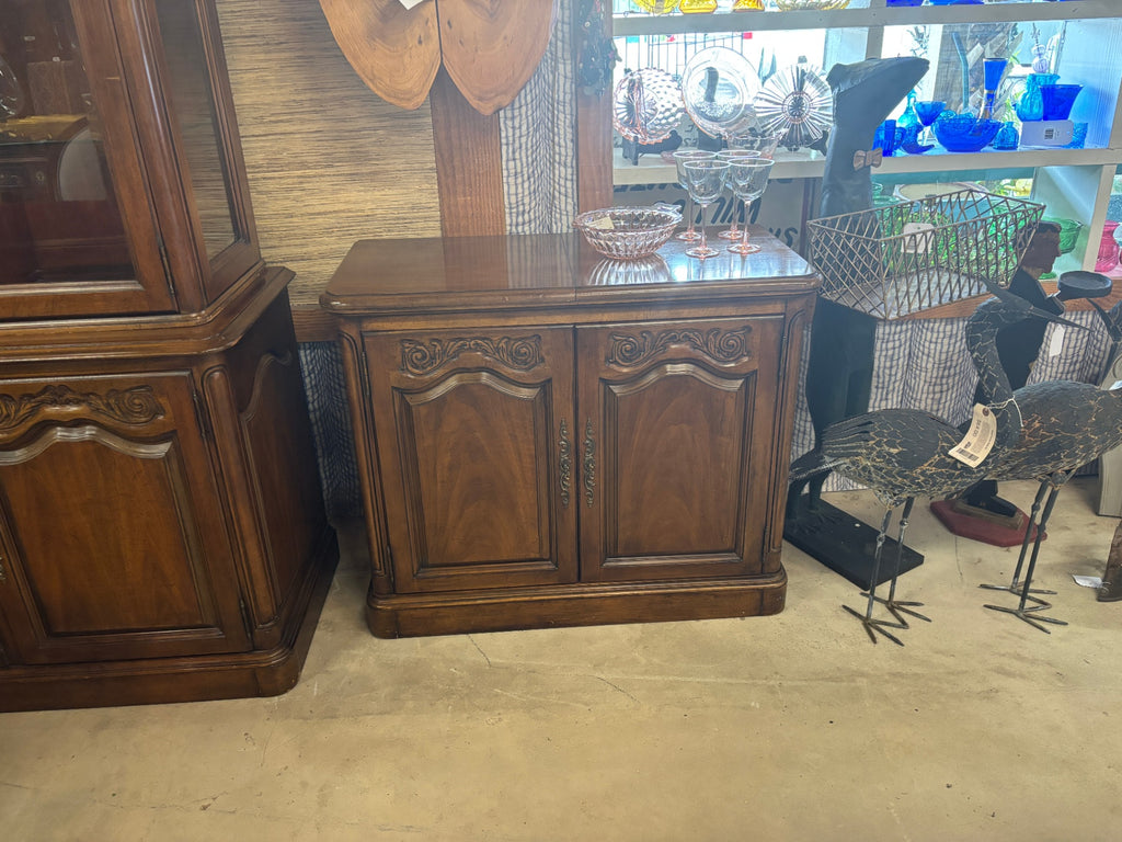 Vintage French Provincial Style Walnut Dining Room Set with 8 Upholstered Chairs, China Cabinet, Sideboard & 110” Table