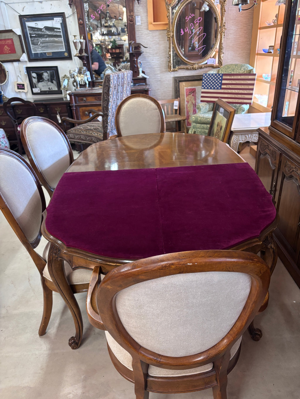 Vintage French Provincial Style Walnut Dining Room Set with 8 Upholstered Chairs, China Cabinet, Sideboard & 110” Table
