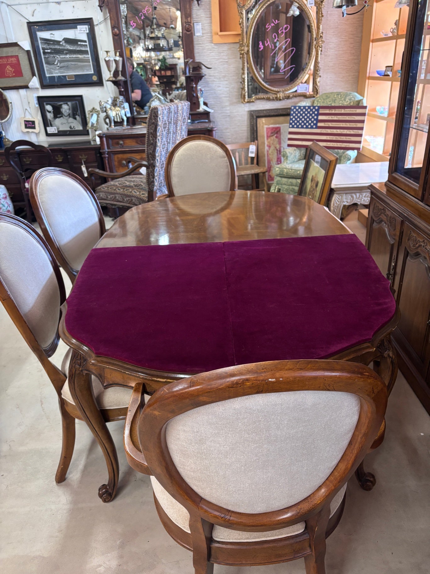 Vintage French Provincial Style Walnut Dining Room Set with 8 Upholstered Chairs, China Cabinet, Sideboard & 110” Table