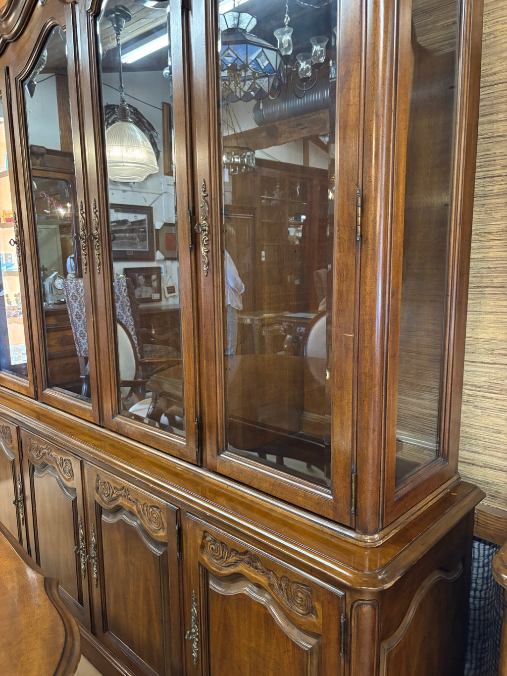 Vintage French Provincial Style Walnut Dining Room Set with 8 Upholstered Chairs, China Cabinet, Sideboard & 110” Table