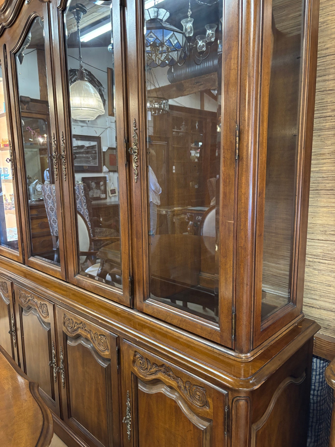 Vintage French Provincial Style Walnut Dining Room Set with 8 Upholstered Chairs, China Cabinet, Sideboard & 110” Table