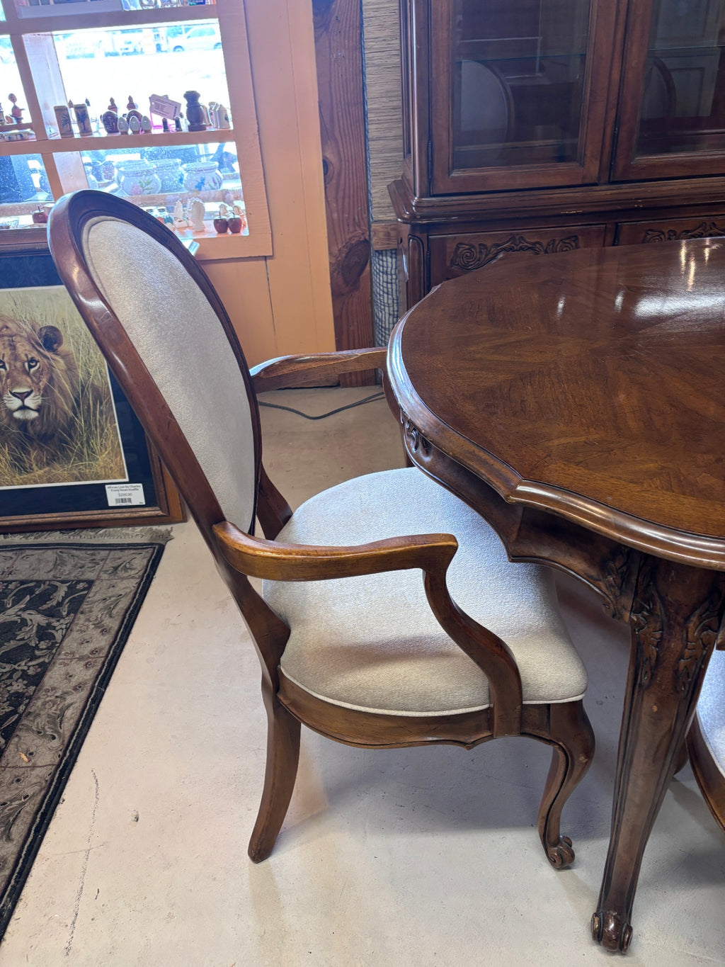 Vintage French Provincial Style Walnut Dining Room Set with 8 Upholstered Chairs, China Cabinet, Sideboard & 110” Table