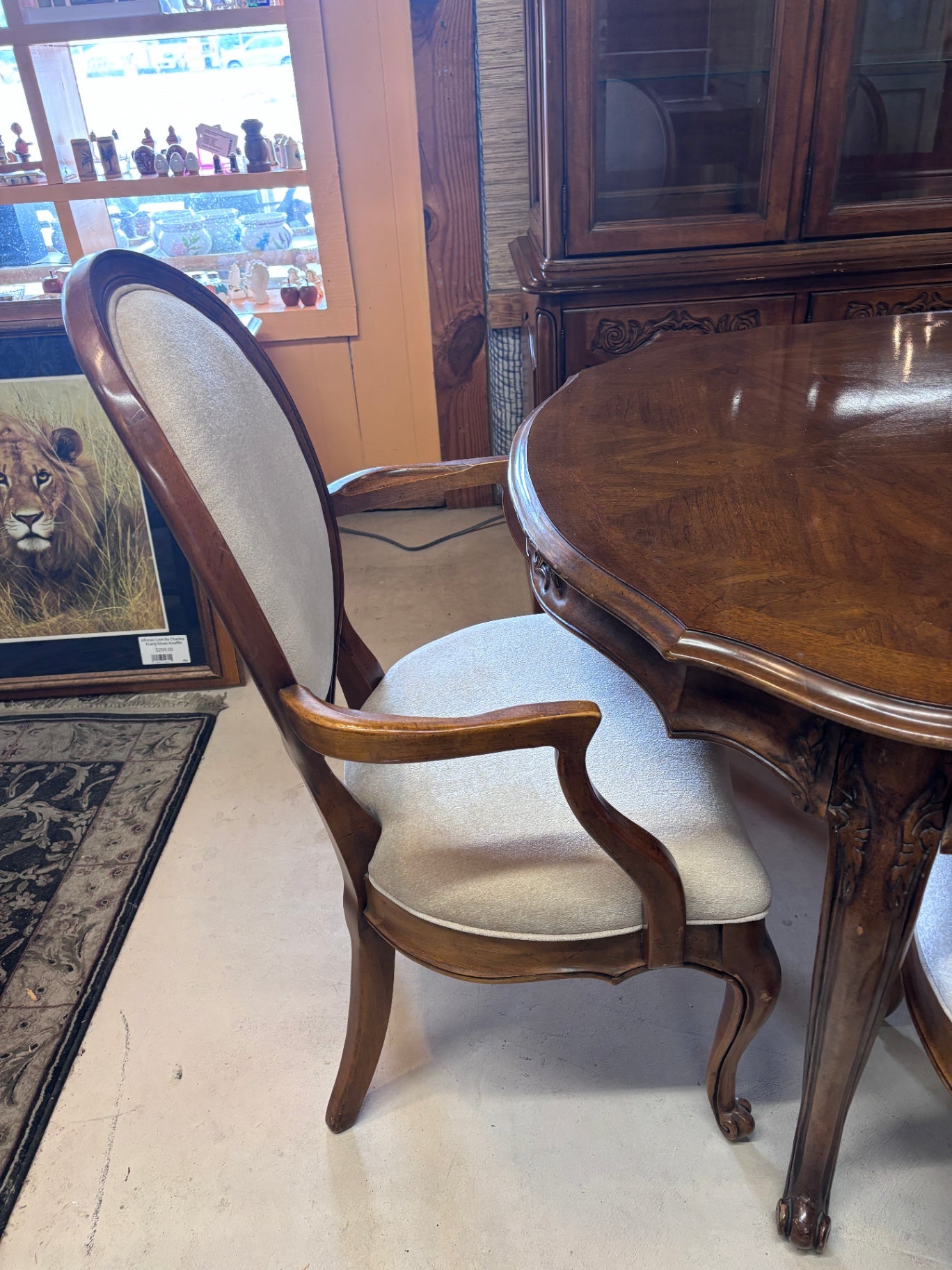Vintage French Provincial Style Walnut Dining Room Set with 8 Upholstered Chairs, China Cabinet, Sideboard & 110” Table