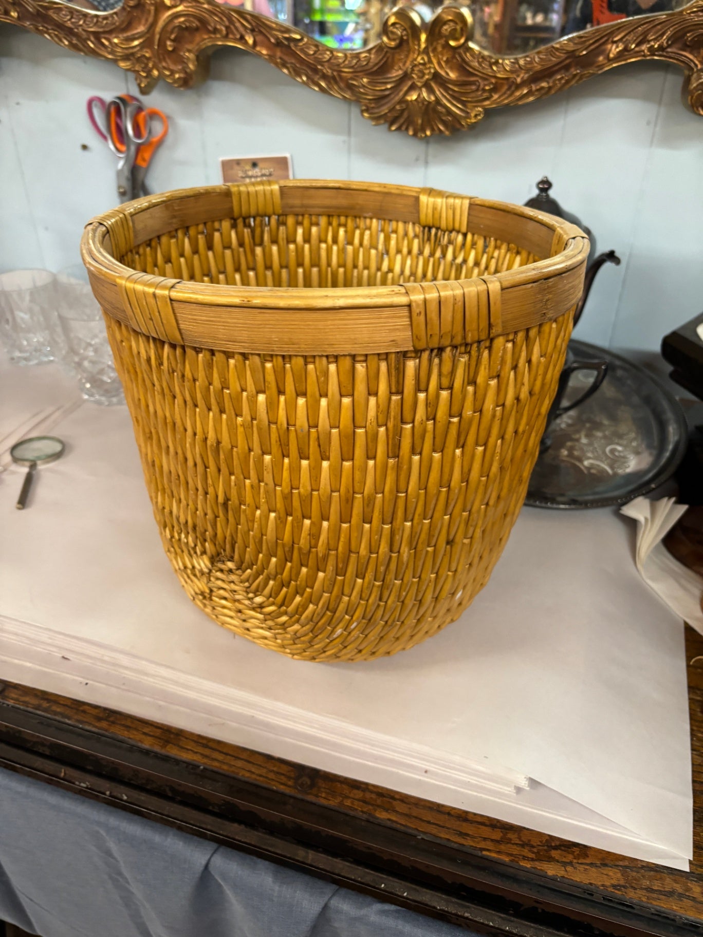 Vintage Yellow-Toned Rattan or Wicker Planter Basket