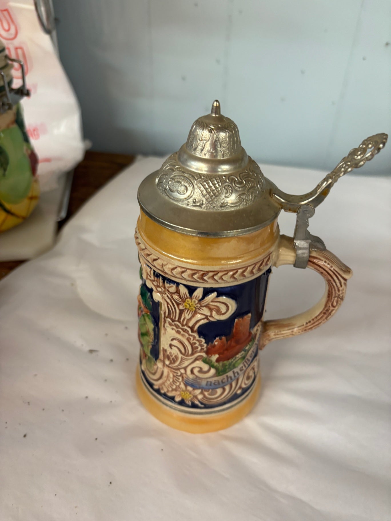 Vintage German Beer Stein With  Pewter Lid