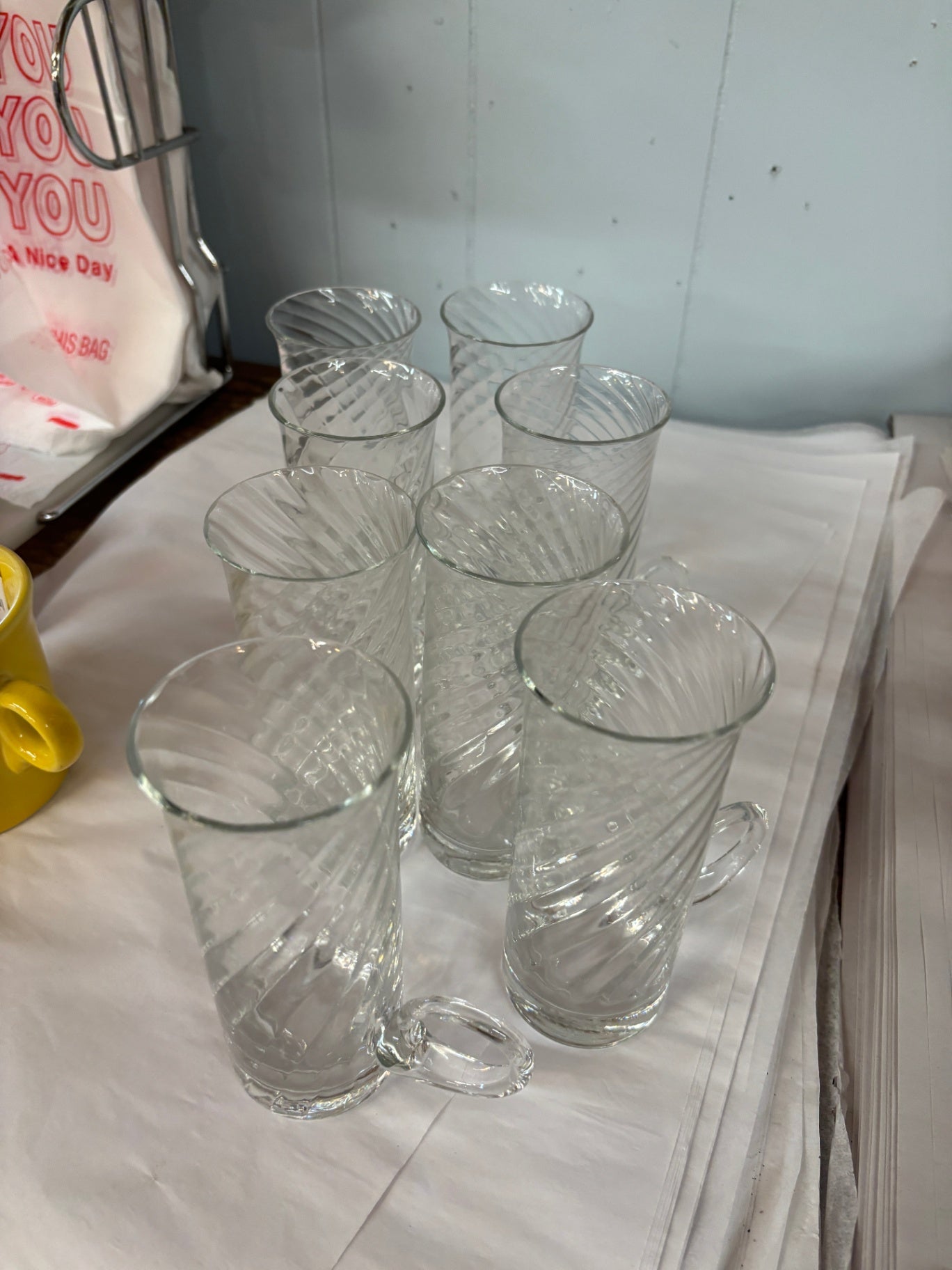 4 Irish Coffee Art Glass Mug Set Curled Handle Twist Spiral 