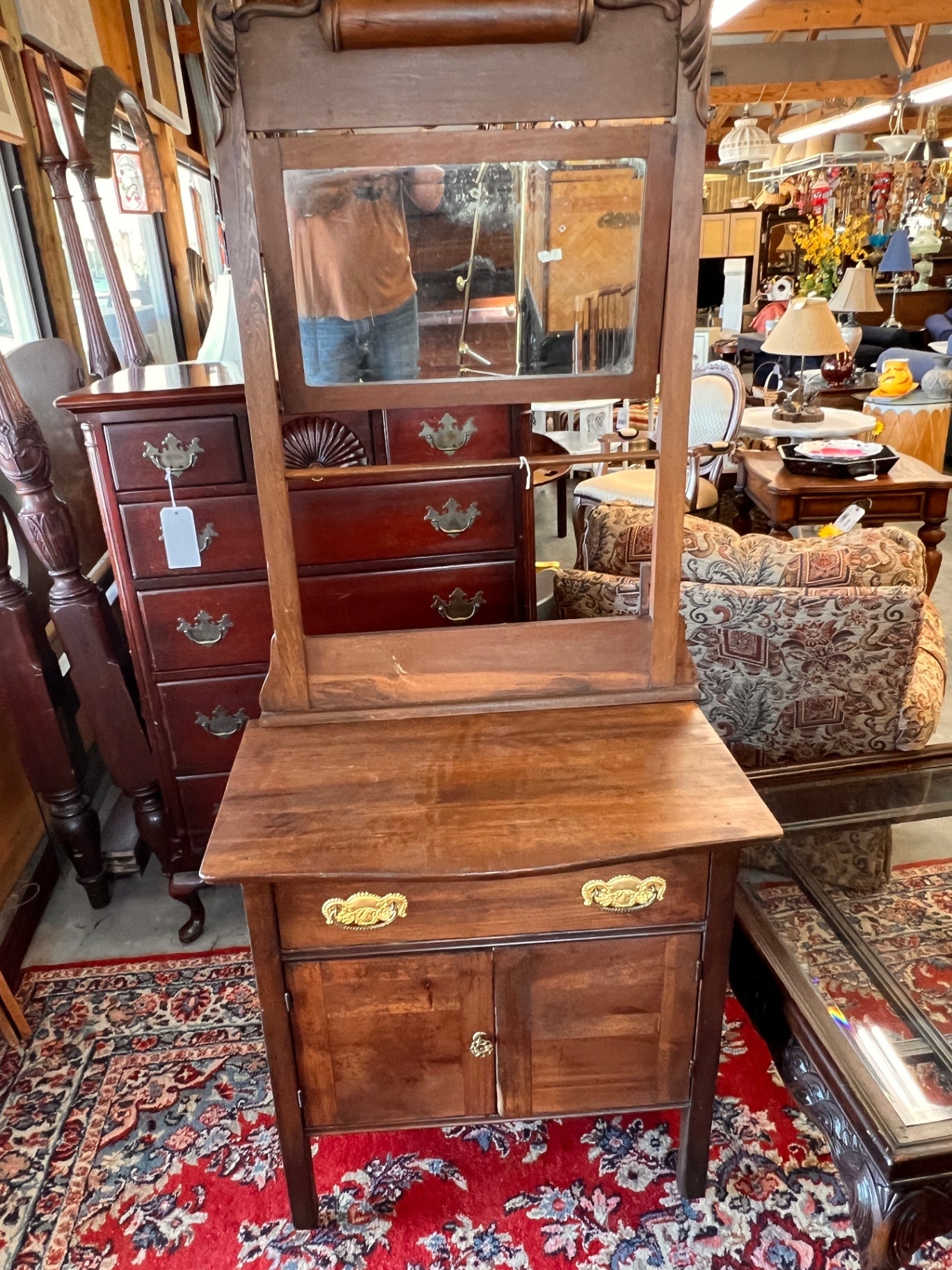 Antique American Washstand Cabinet with Mirror Primitive Federal Country Dresser
