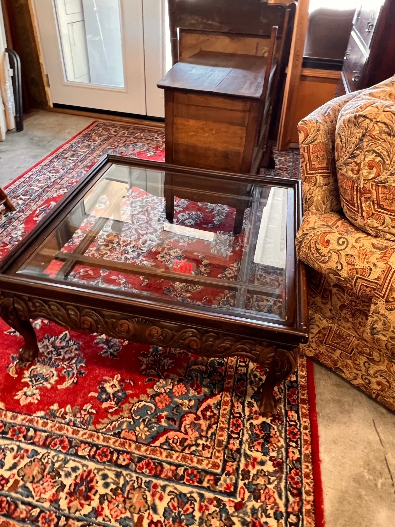 Traditional Carved Wood Glass Top Coffee Table in Mediterranean Spanish Revival Style